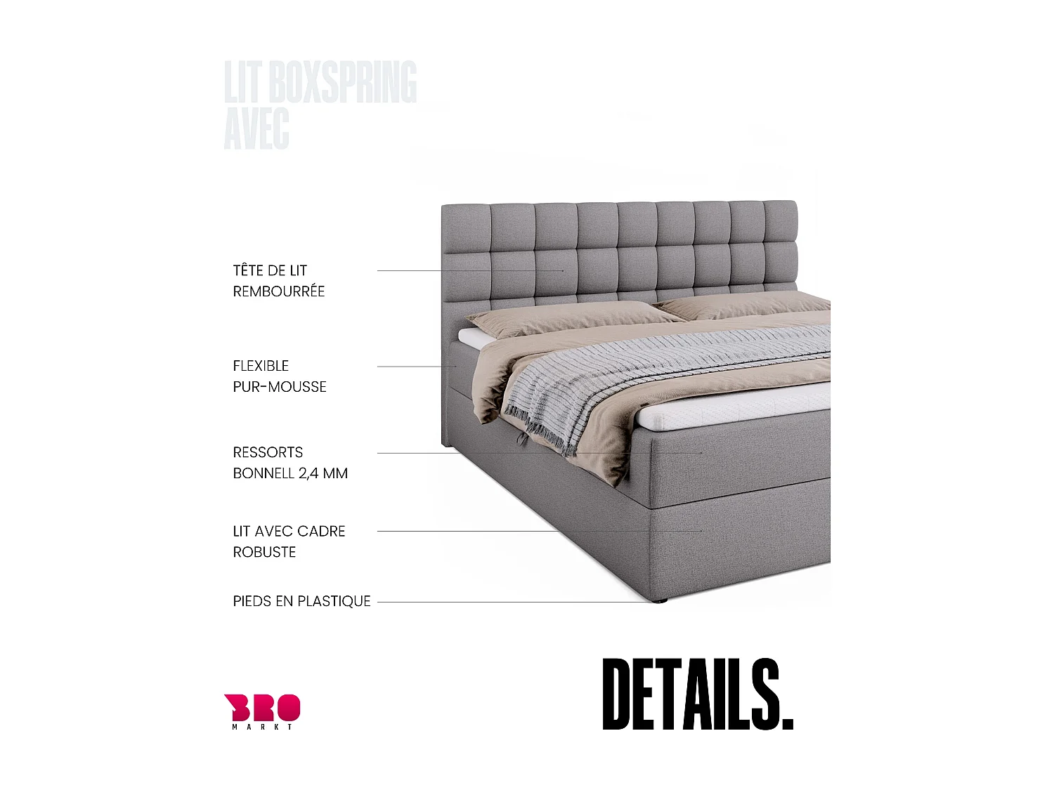Lit boxspring avec rangement DAKOTA - matelas - surmatelas - gris - 180x200 cm