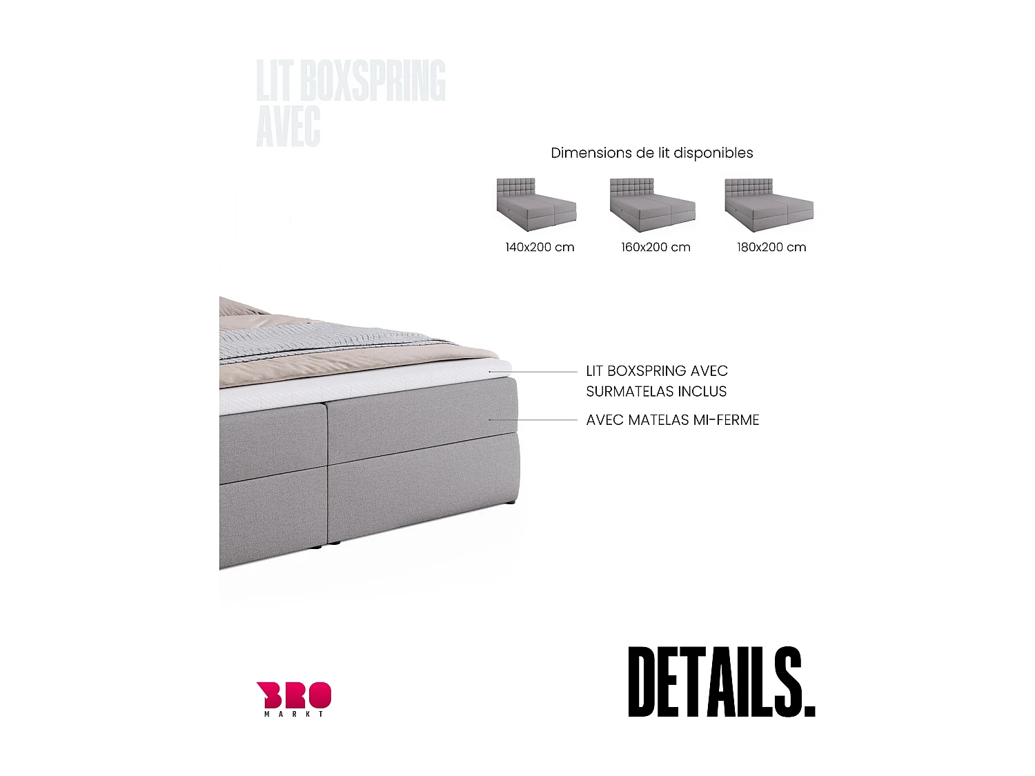 Lit boxspring avec rangement DAKOTA - matelas - surmatelas - gris - 180x200 cm
