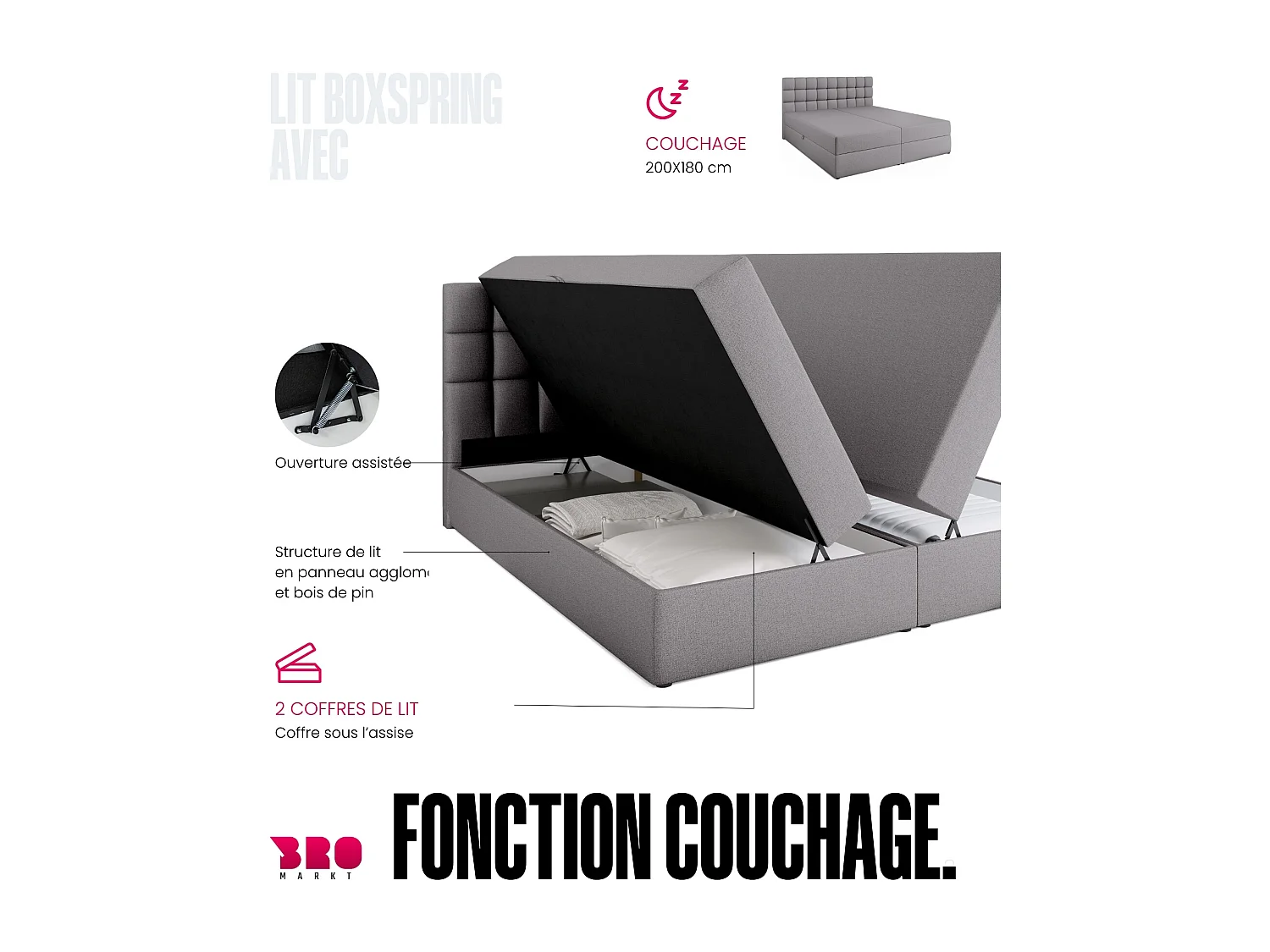 Lit boxspring avec rangement DAKOTA - matelas - surmatelas - gris - 180x200 cm