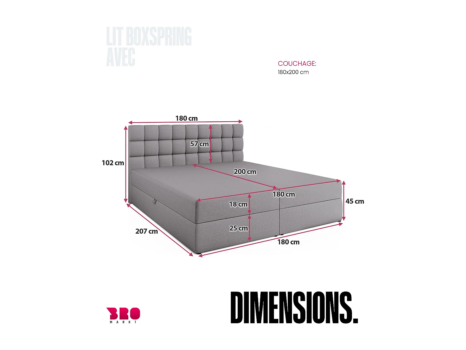 Lit boxspring avec rangement DAKOTA - matelas - surmatelas - gris - 180x200 cm