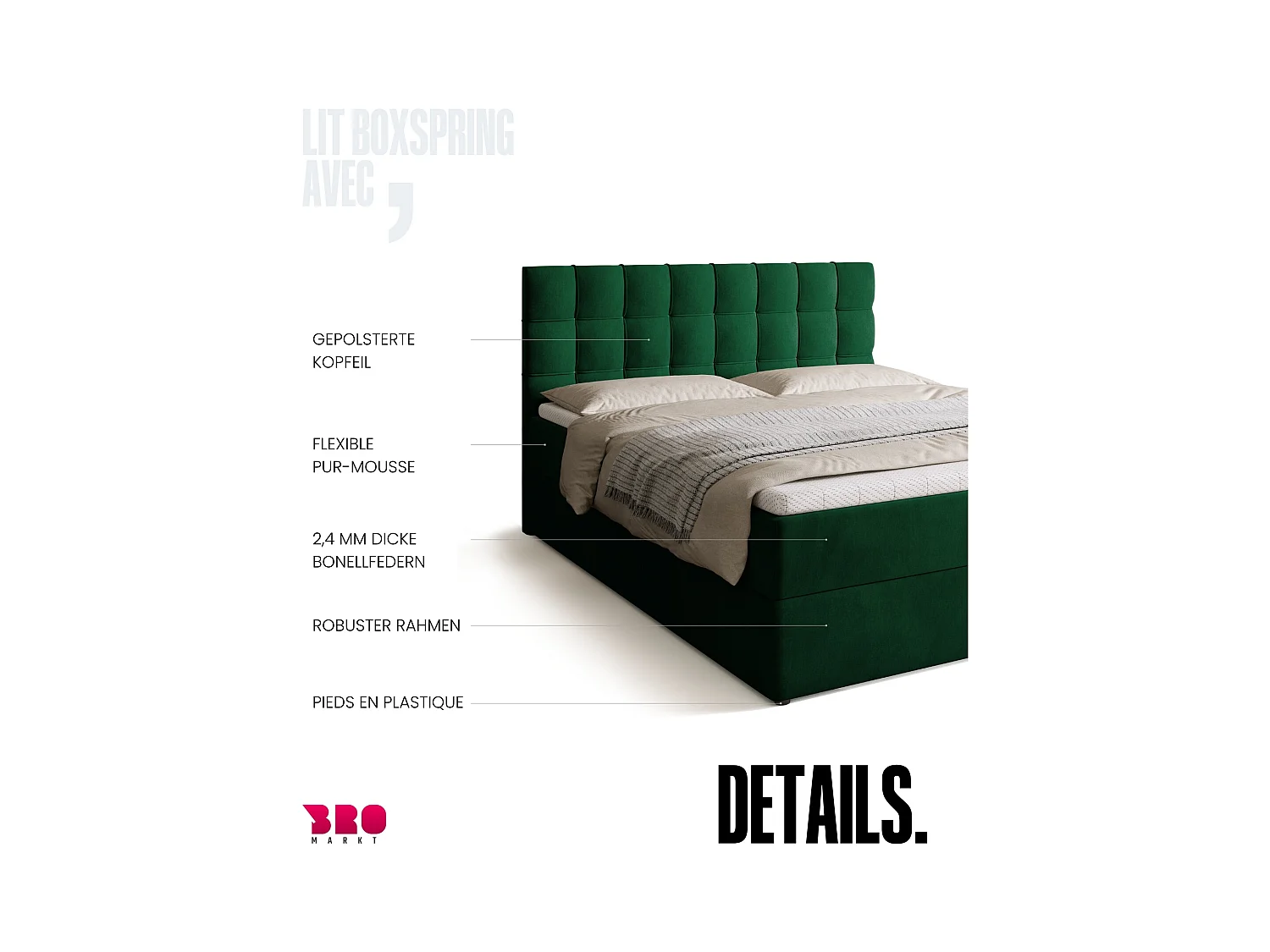 Boxspringbed met hoofdeinde, matras en dekmatras - DETROIT - 160x200 - groente