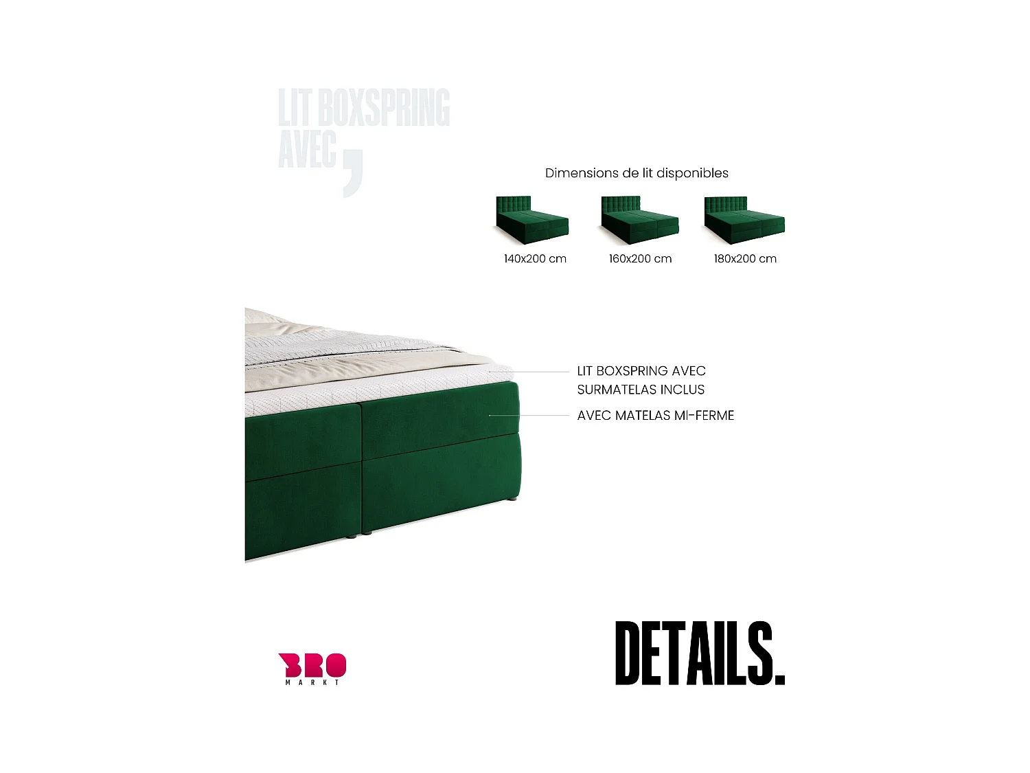 Boxspringbed met hoofdeinde, matras en dekmatras - DETROIT - 160x200 - groente