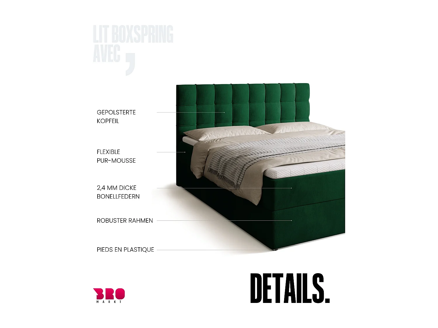 Lit boxspring avec rangement DETROIT - matelas - surmatelas - vert - 160x200 cm