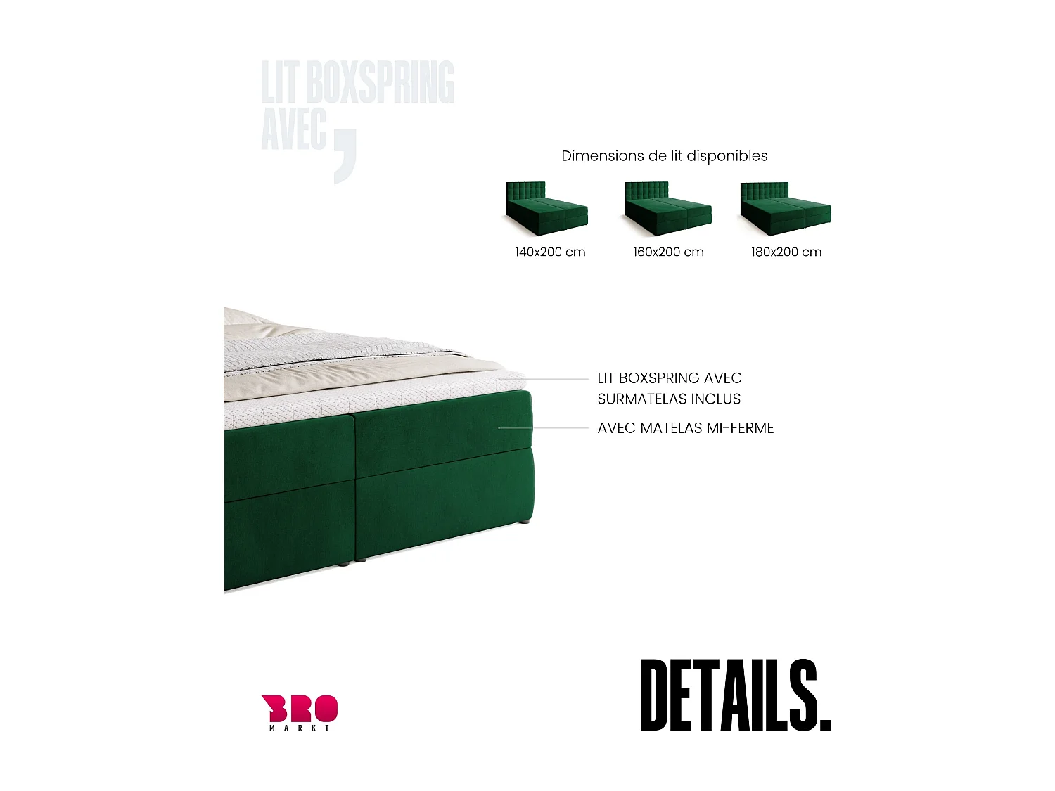Lit boxspring avec rangement DETROIT - matelas - surmatelas - vert - 160x200 cm
