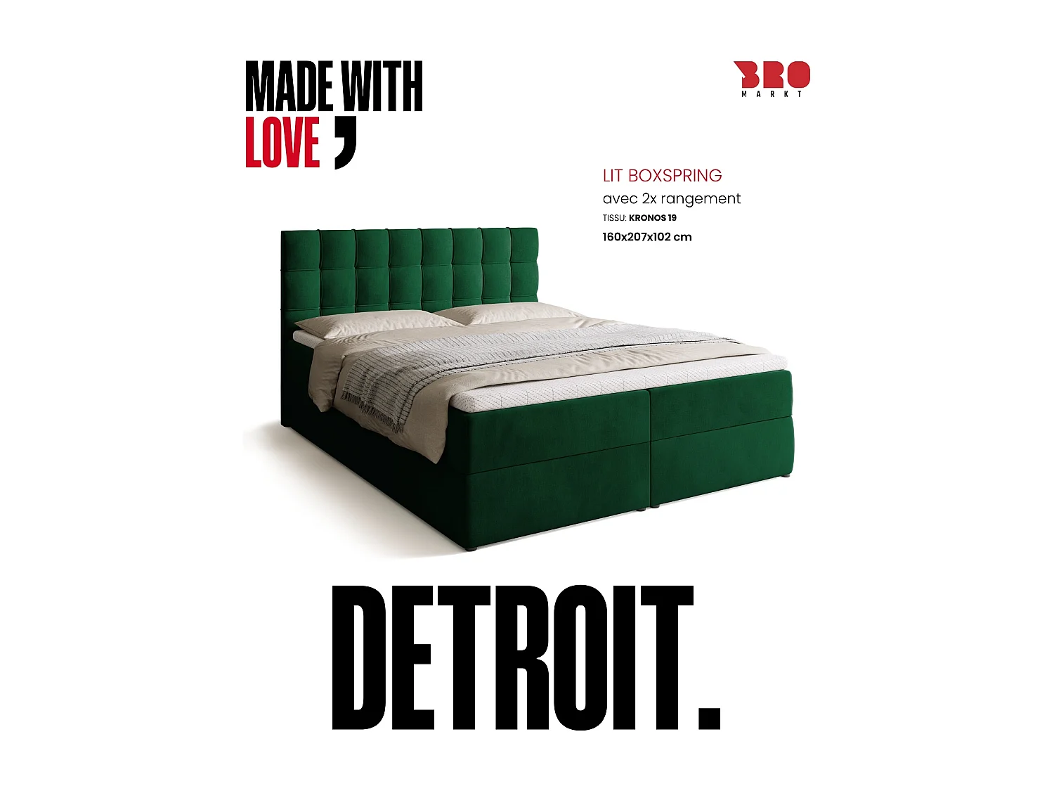Lit boxspring avec rangement DETROIT - matelas - surmatelas - vert - 160x200 cm