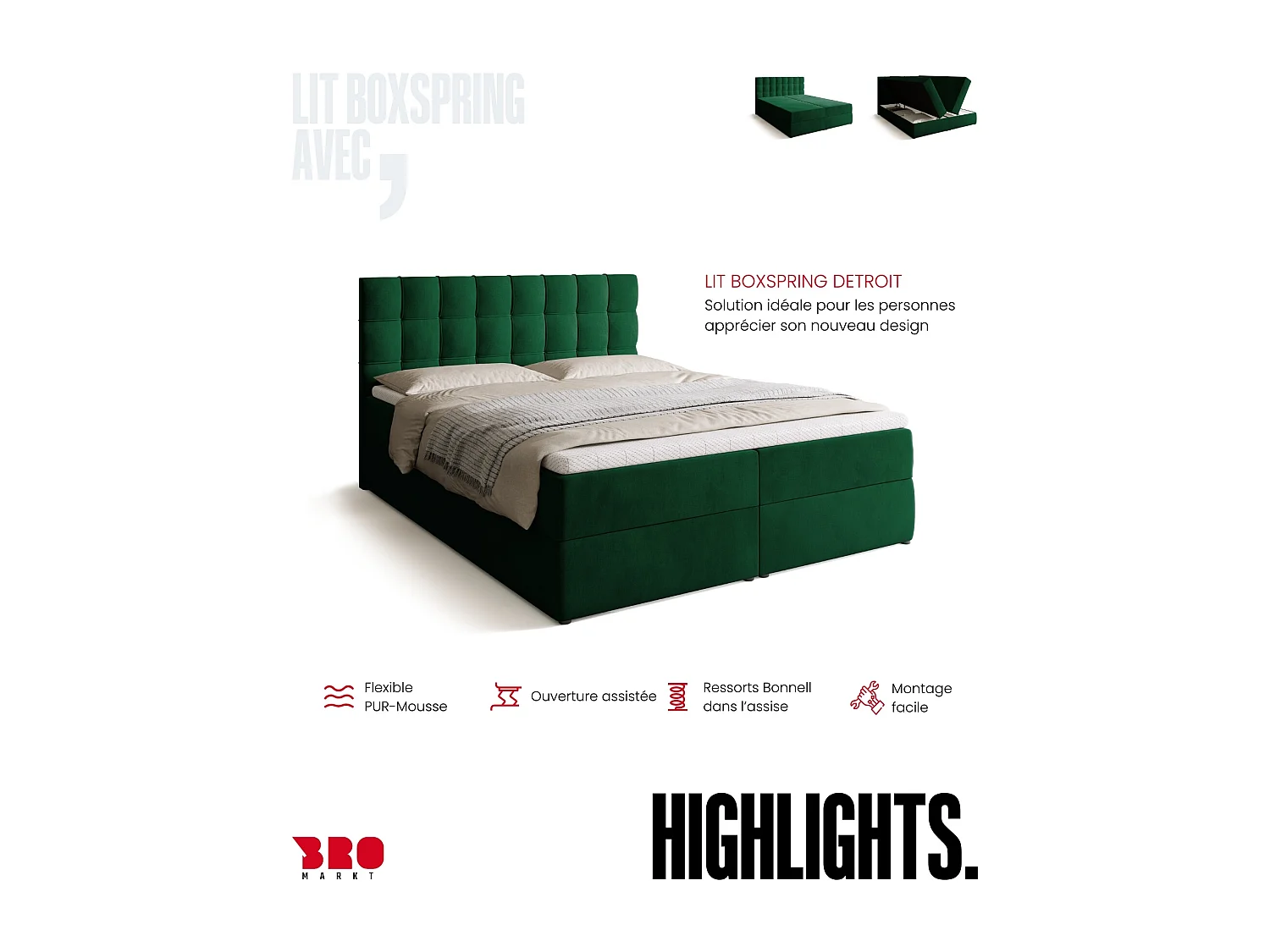 Lit boxspring avec rangement DETROIT - matelas - surmatelas - vert - 160x200 cm