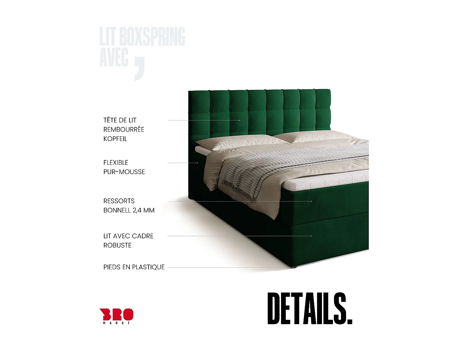 Lit boxspring avec rangement DETROIT - matelas - surmatelas - vert - 160x200 cm