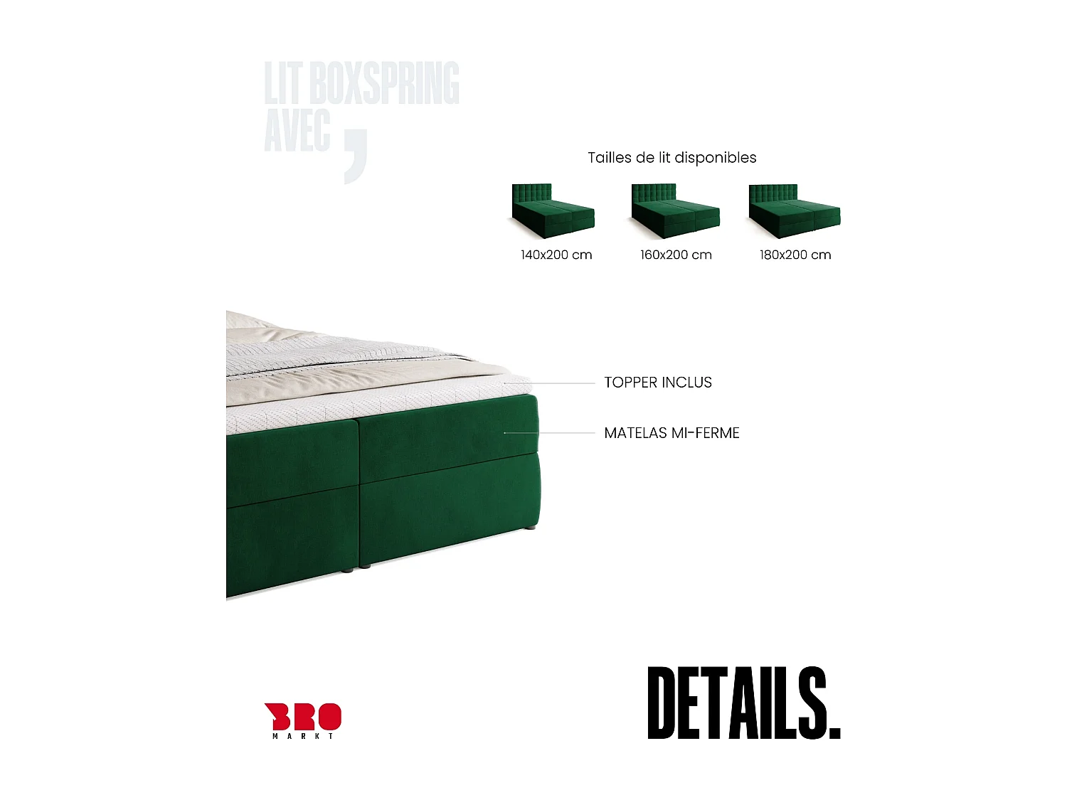 Lit boxspring avec rangement DETROIT - matelas - surmatelas - vert - 160x200 cm
