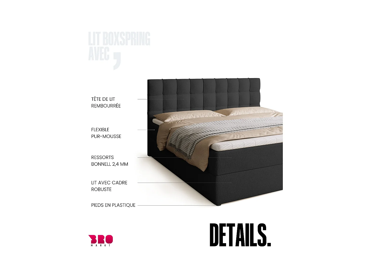 Boxspringbed met hoofdeinde, matras en dekmatras - DETROIT - 180x200 - donkergrijs