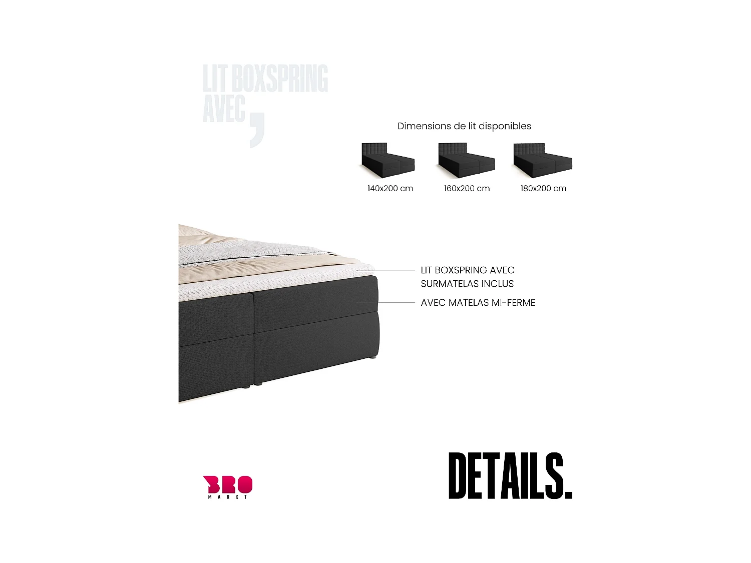 Boxspringbed met hoofdeinde, matras en dekmatras - DETROIT - 180x200 - donkergrijs