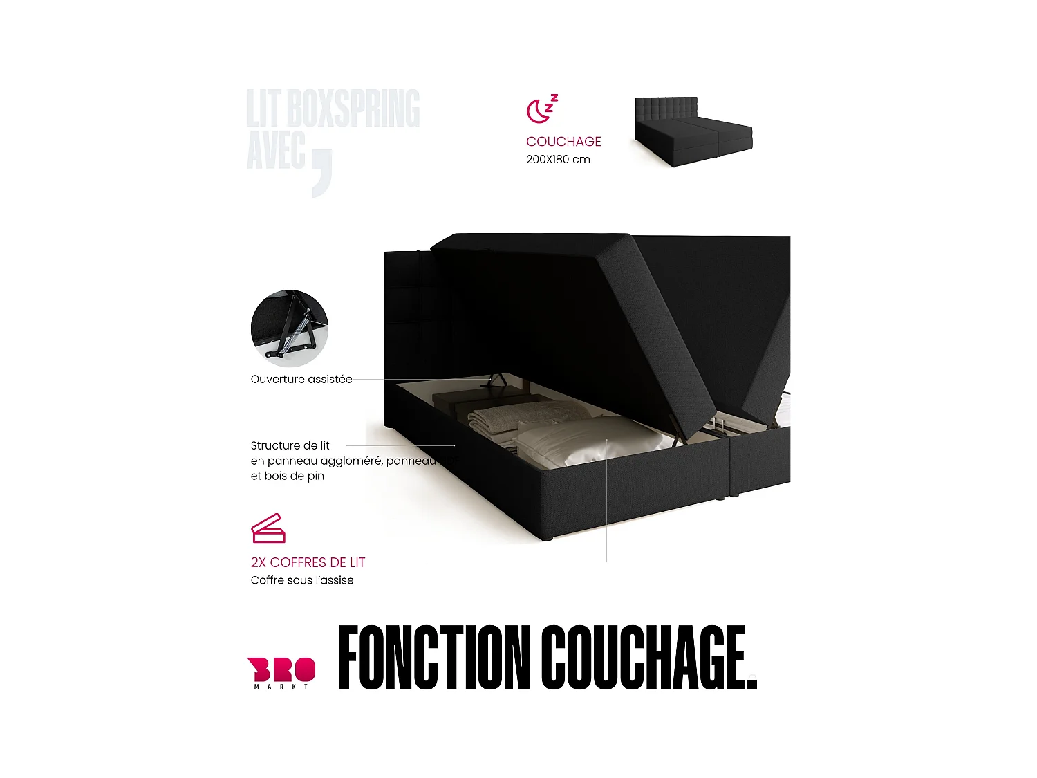 Boxspringbed met hoofdeinde, matras en dekmatras - DETROIT - 180x200 - donkergrijs