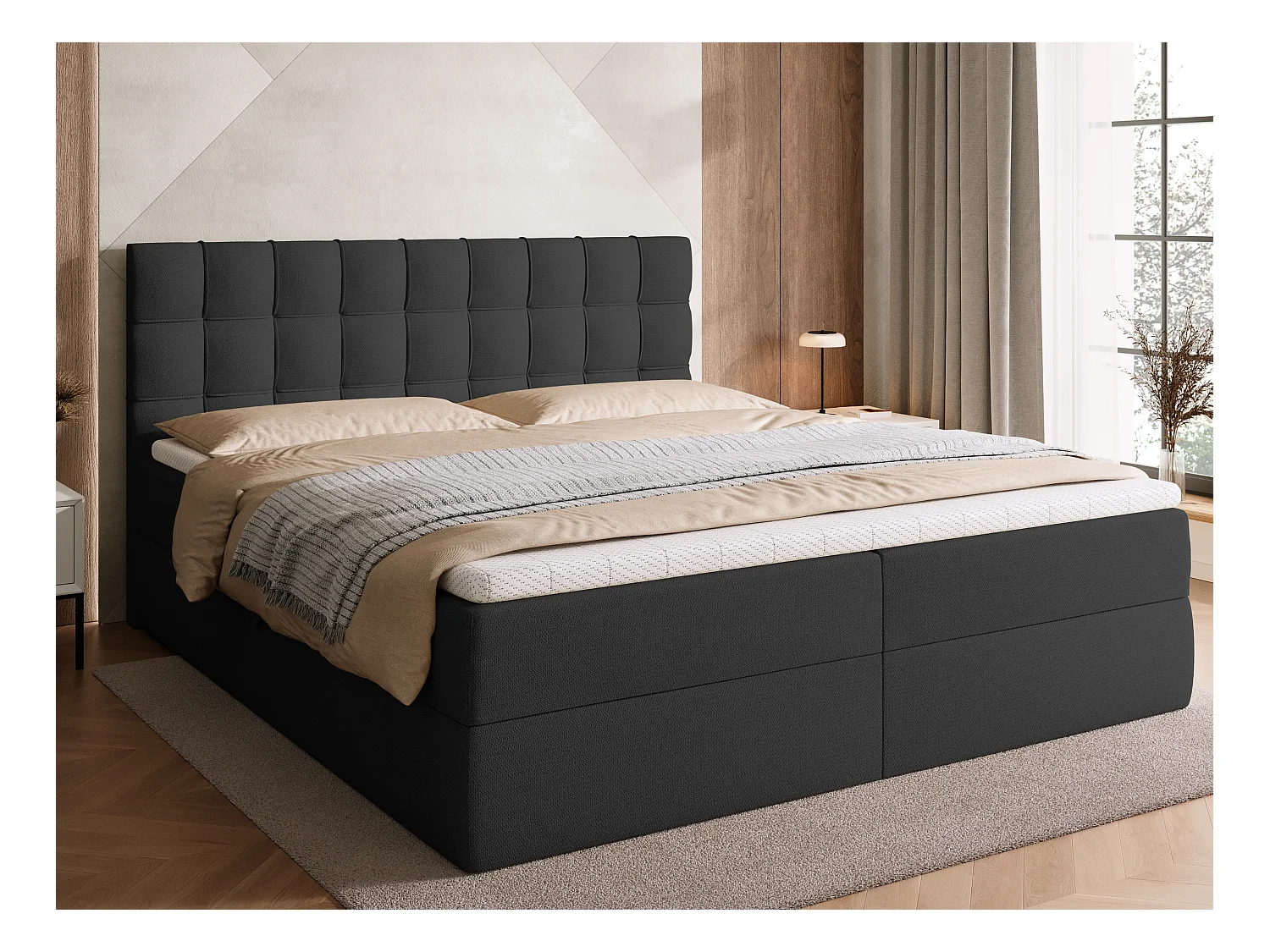Lit boxspring avec rangement DETROIT - matelas - surmatelas - gris foncé - 180x200 cm