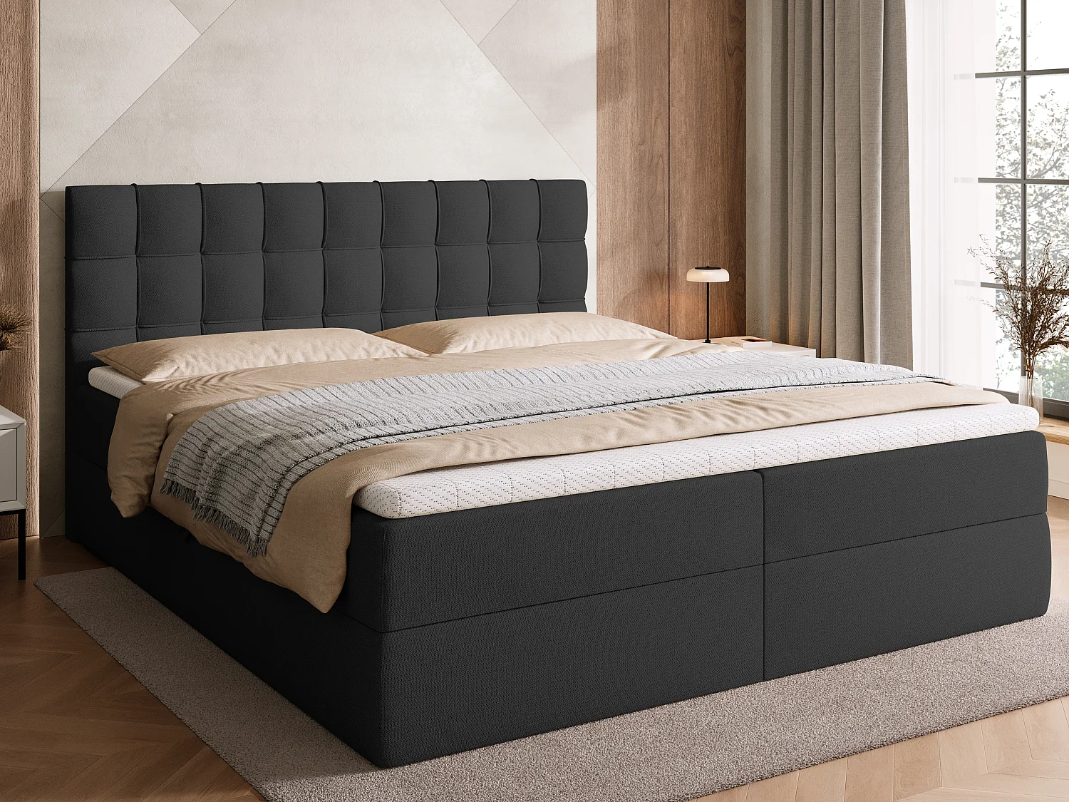 Lit boxspring avec rangement DETROIT - matelas - surmatelas - gris foncé - 180x200 cm