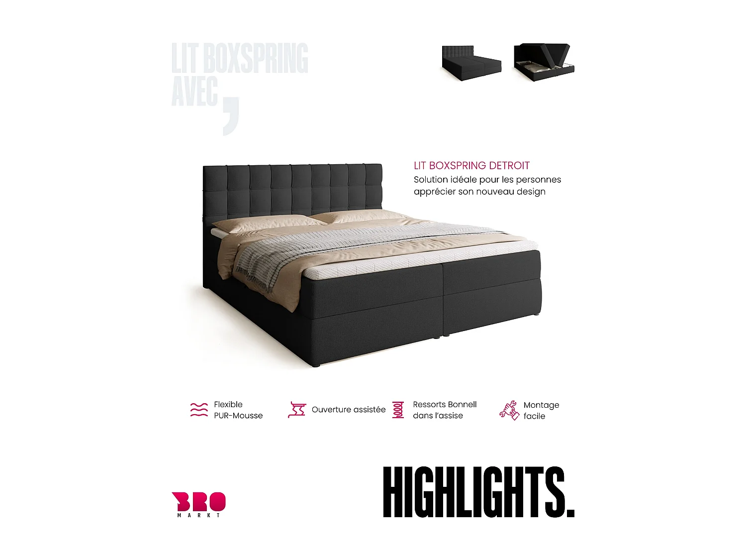 Lit boxspring avec rangement DETROIT - matelas - surmatelas - gris foncé - 180x200 cm