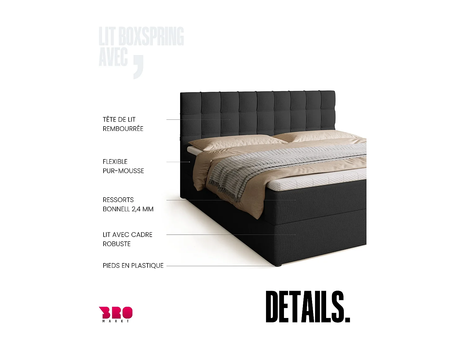 Lit boxspring avec rangement DETROIT - matelas - surmatelas - gris foncé - 180x200 cm