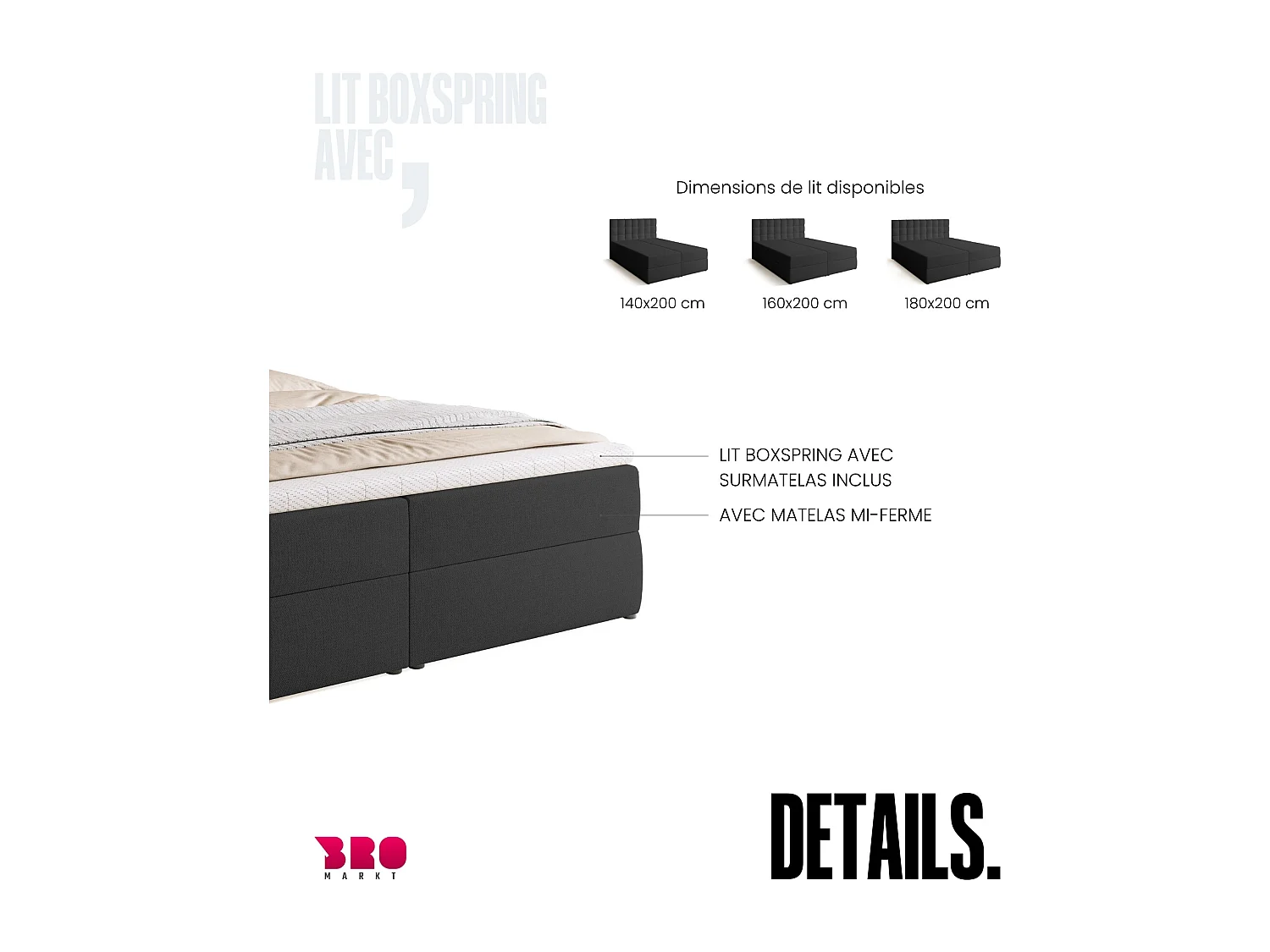 Lit boxspring avec rangement DETROIT - matelas - surmatelas - gris foncé - 180x200 cm