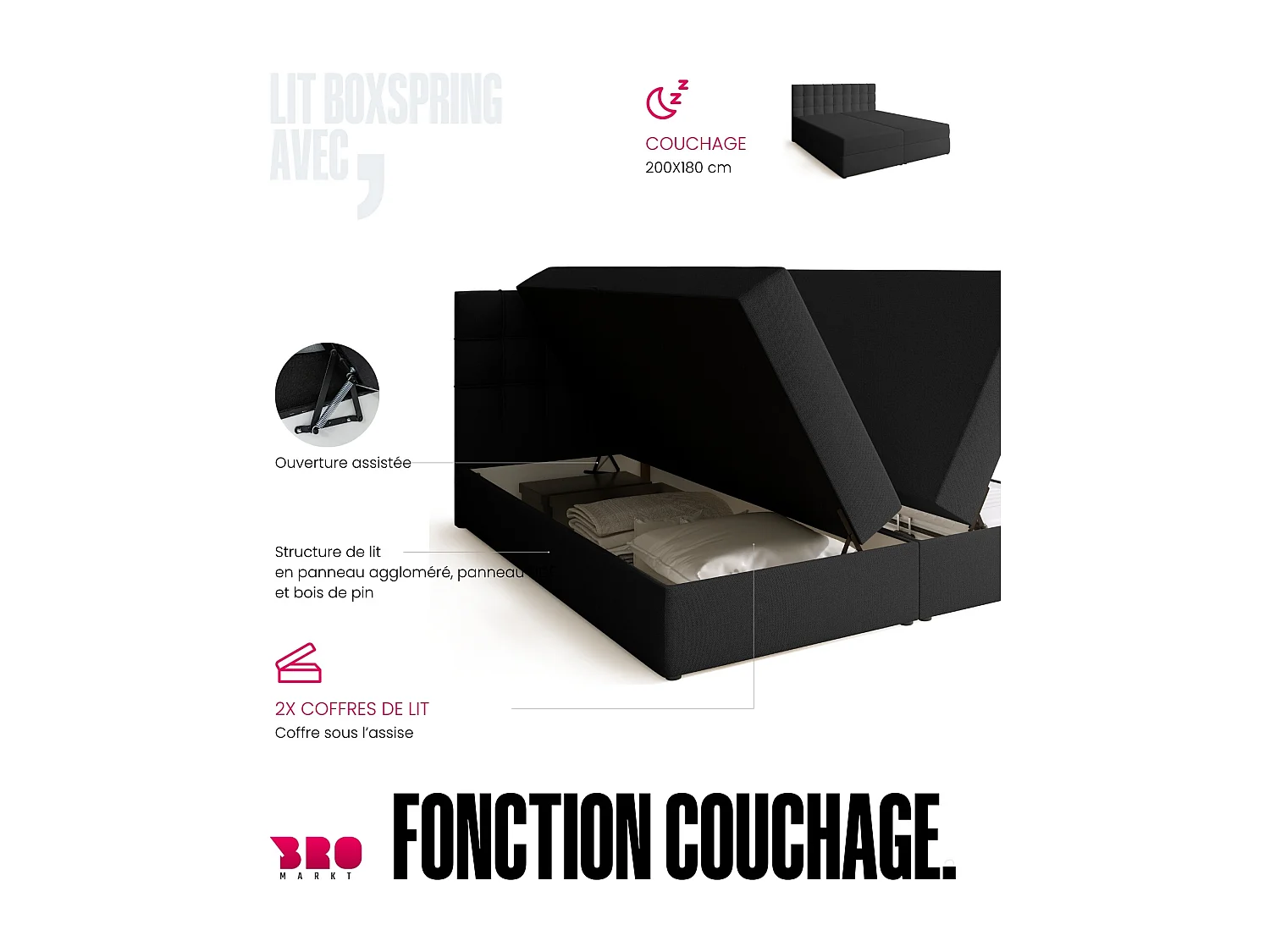 Lit boxspring avec rangement DETROIT - matelas - surmatelas - gris foncé - 180x200 cm