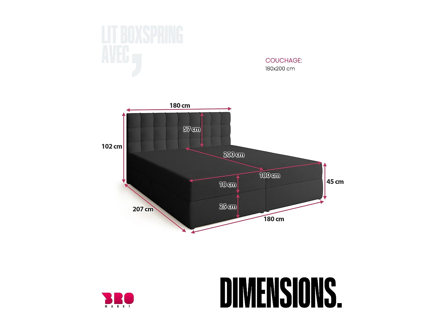 Lit boxspring avec rangement DETROIT - matelas - surmatelas - gris foncé - 180x200 cm