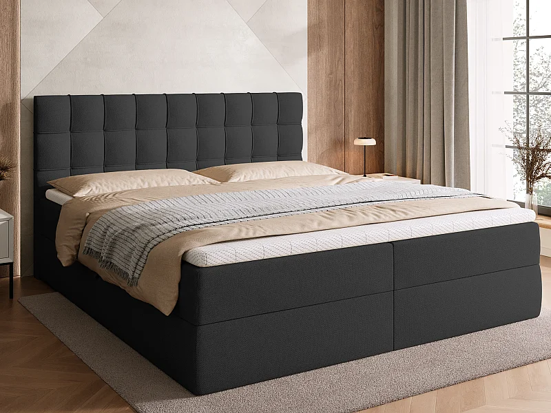 Lit boxspring avec rangement DETROIT - matelas - surmatelas - gris foncé - 180x200 cm