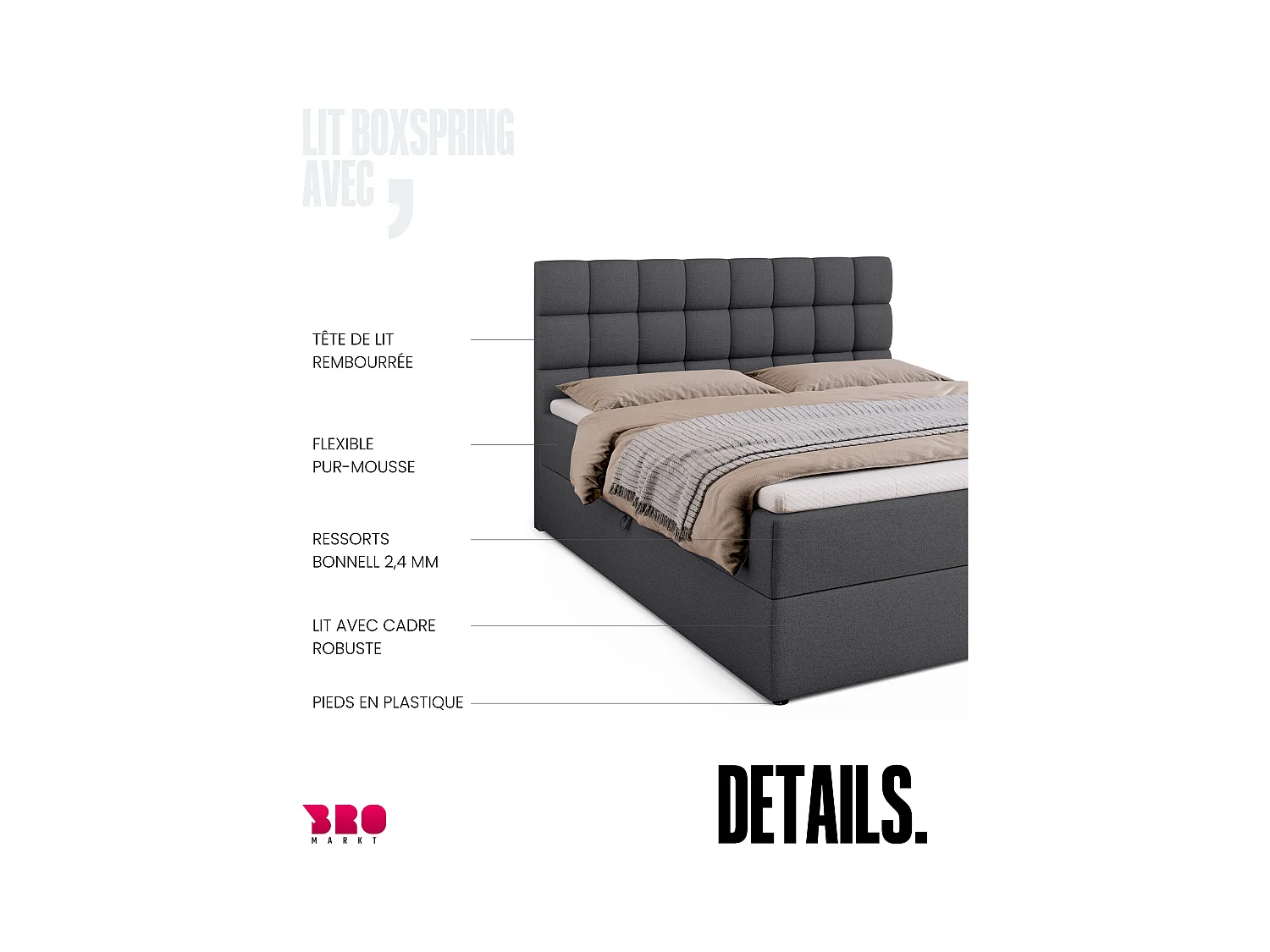 Boxspringbed met hoofdeinde, matras en dekmatras - DAKOTA - 160x200 - donkergrijs