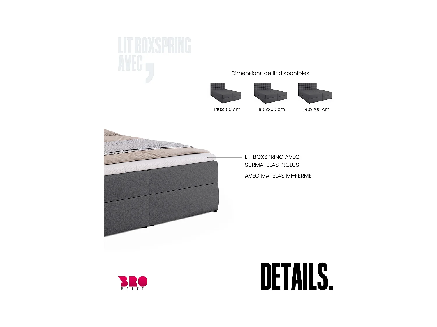 Boxspringbed met hoofdeinde, matras en dekmatras - DAKOTA - 160x200 - donkergrijs