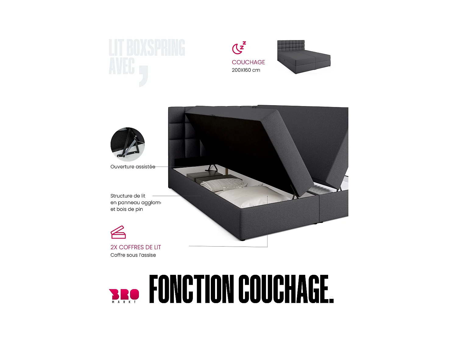 Boxspringbed met hoofdeinde, matras en dekmatras - DAKOTA - 160x200 - donkergrijs