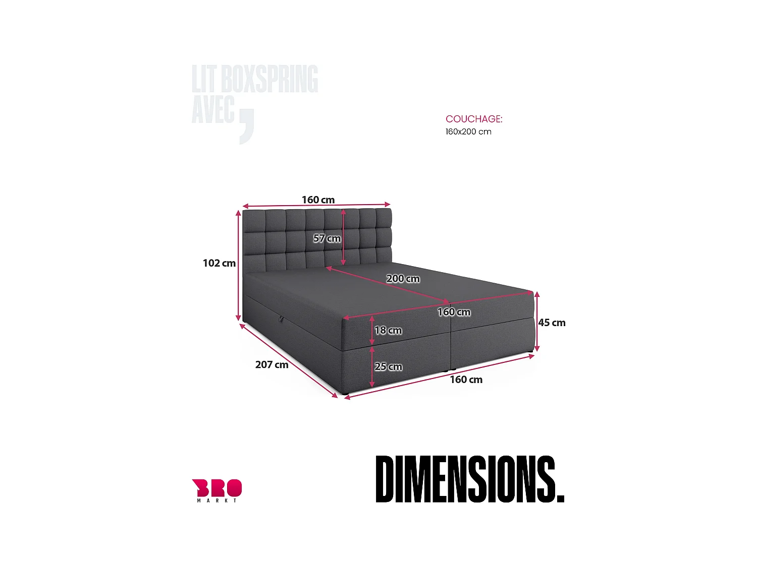Boxspringbed met hoofdeinde, matras en dekmatras - DAKOTA - 160x200 - donkergrijs