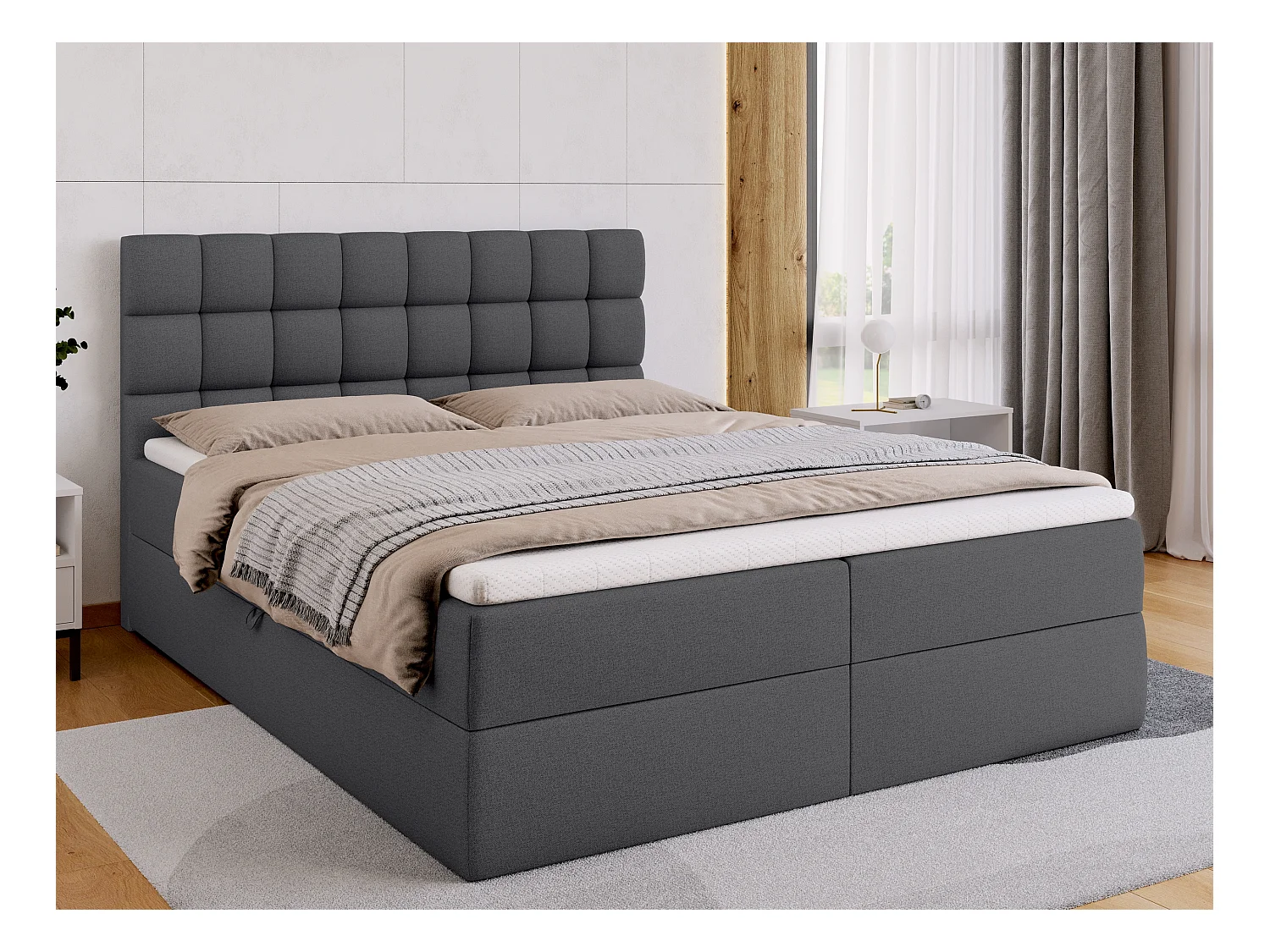Lit boxspring avec rangement DAKOTA - matelas - surmatelas - gris foncé - 160x200 cm