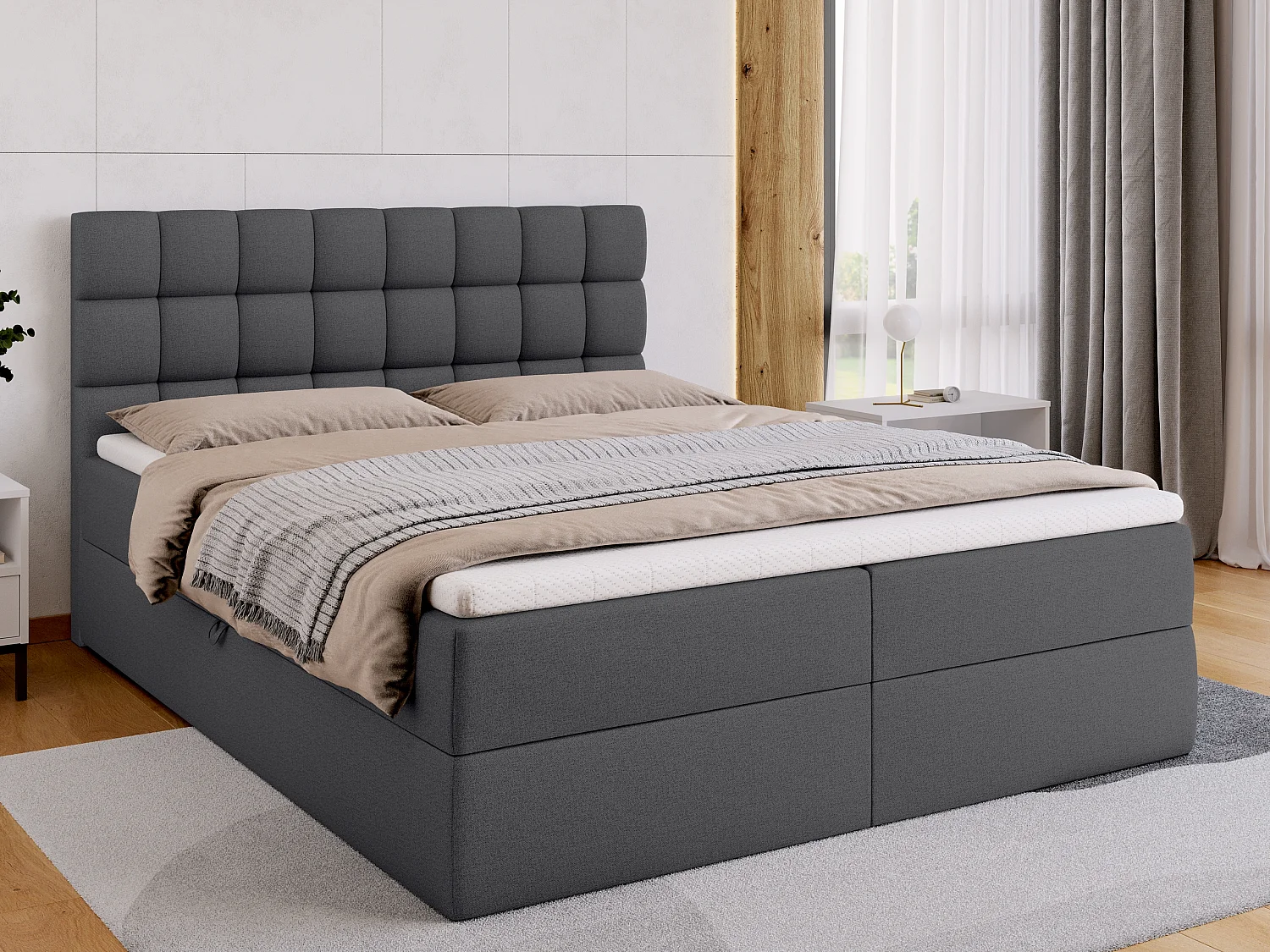 Lit boxspring avec rangement DAKOTA - matelas - surmatelas - gris foncé - 160x200 cm