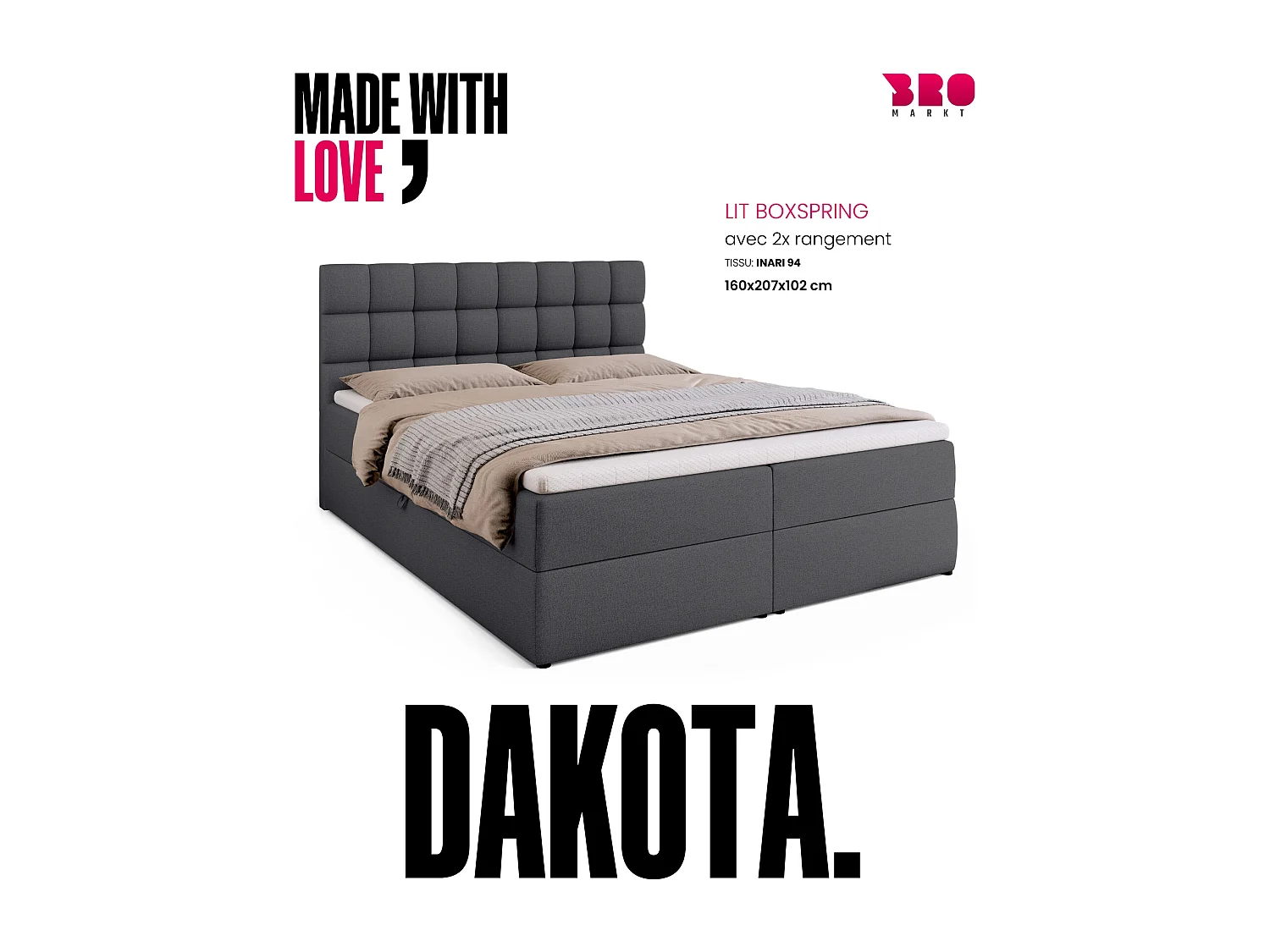 Lit boxspring avec rangement DAKOTA - matelas - surmatelas - gris foncé - 160x200 cm