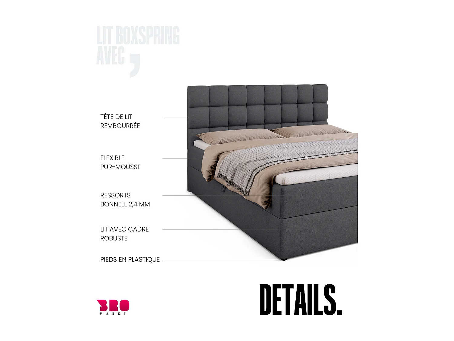 Lit boxspring avec rangement DAKOTA - matelas - surmatelas - gris foncé - 160x200 cm