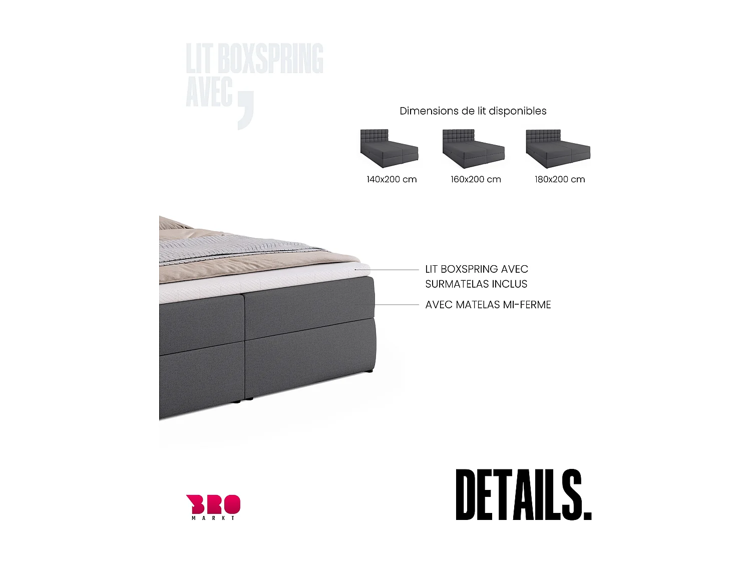 Lit boxspring avec rangement DAKOTA - matelas - surmatelas - gris foncé - 160x200 cm