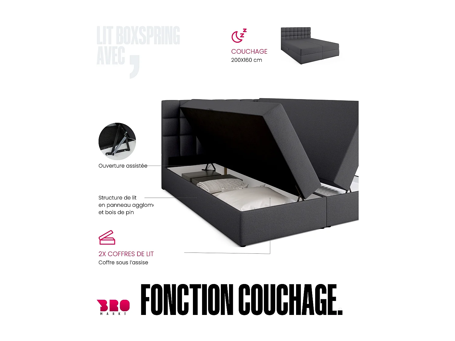 Lit boxspring avec rangement DAKOTA - matelas - surmatelas - gris foncé - 160x200 cm