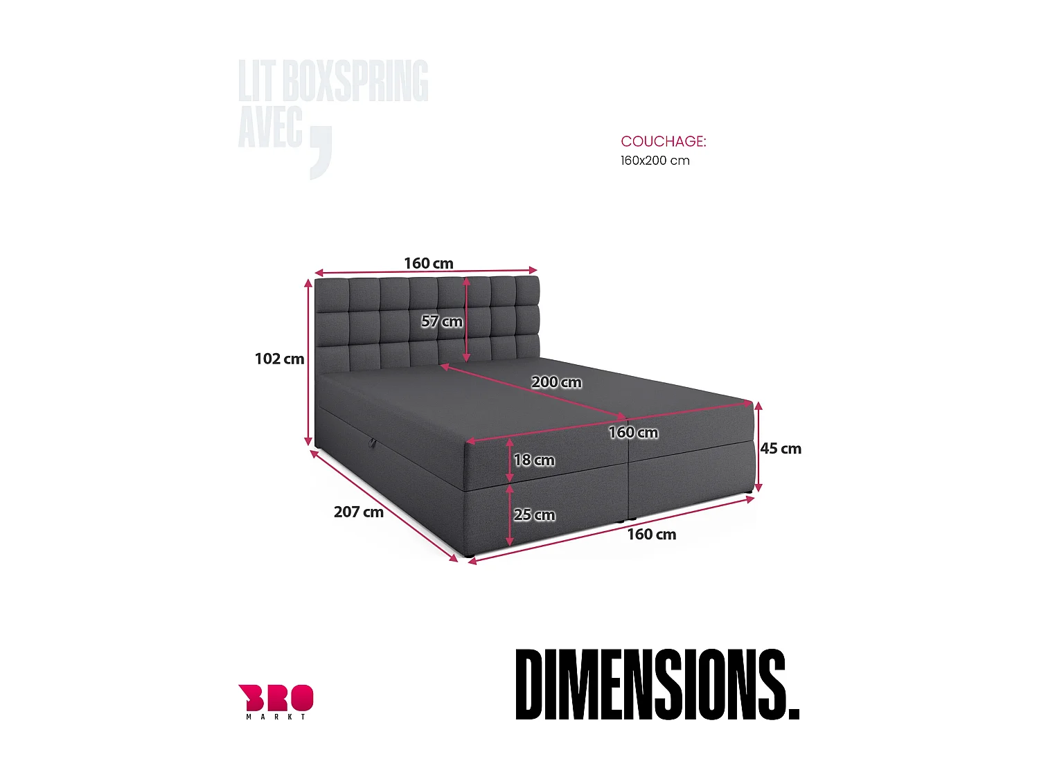 Lit boxspring avec rangement DAKOTA - matelas - surmatelas - gris foncé - 160x200 cm