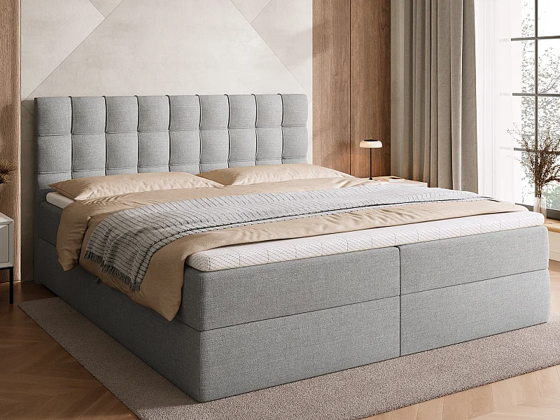 Lit boxspring avec rangement DETROIT - matelas - surmatelas - gris clair - 180x200 cm