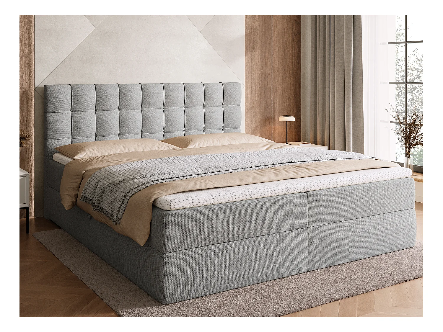 Lit boxspring avec rangement DETROIT - matelas - surmatelas - gris clair - 180x200 cm