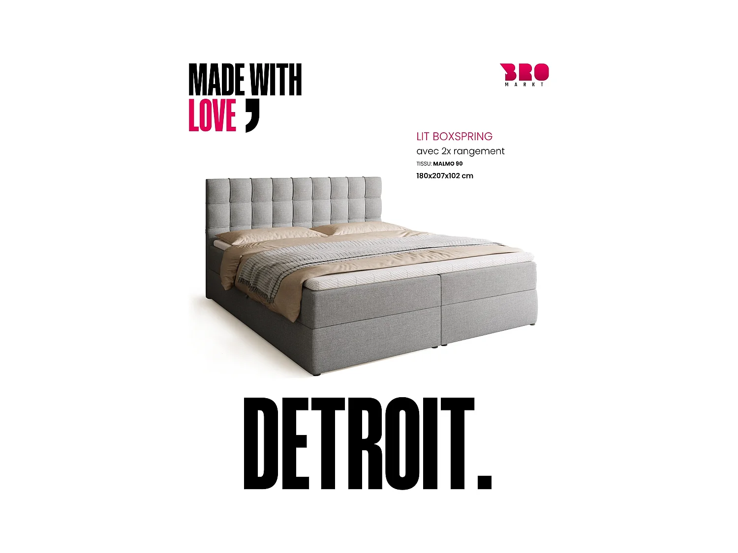 Lit boxspring avec rangement DETROIT - matelas - surmatelas - gris clair - 180x200 cm