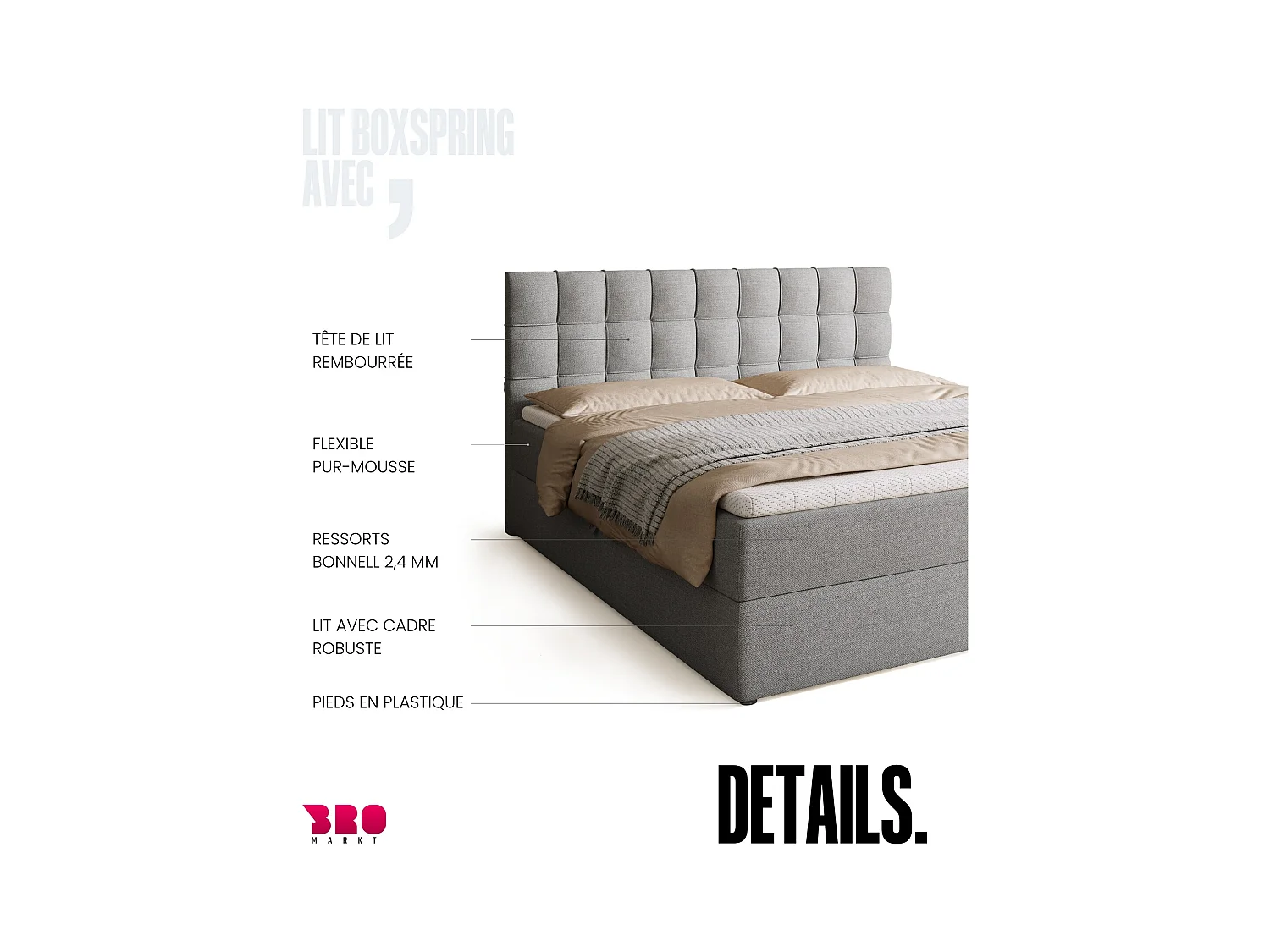 Lit boxspring avec rangement DETROIT - matelas - surmatelas - gris clair - 180x200 cm