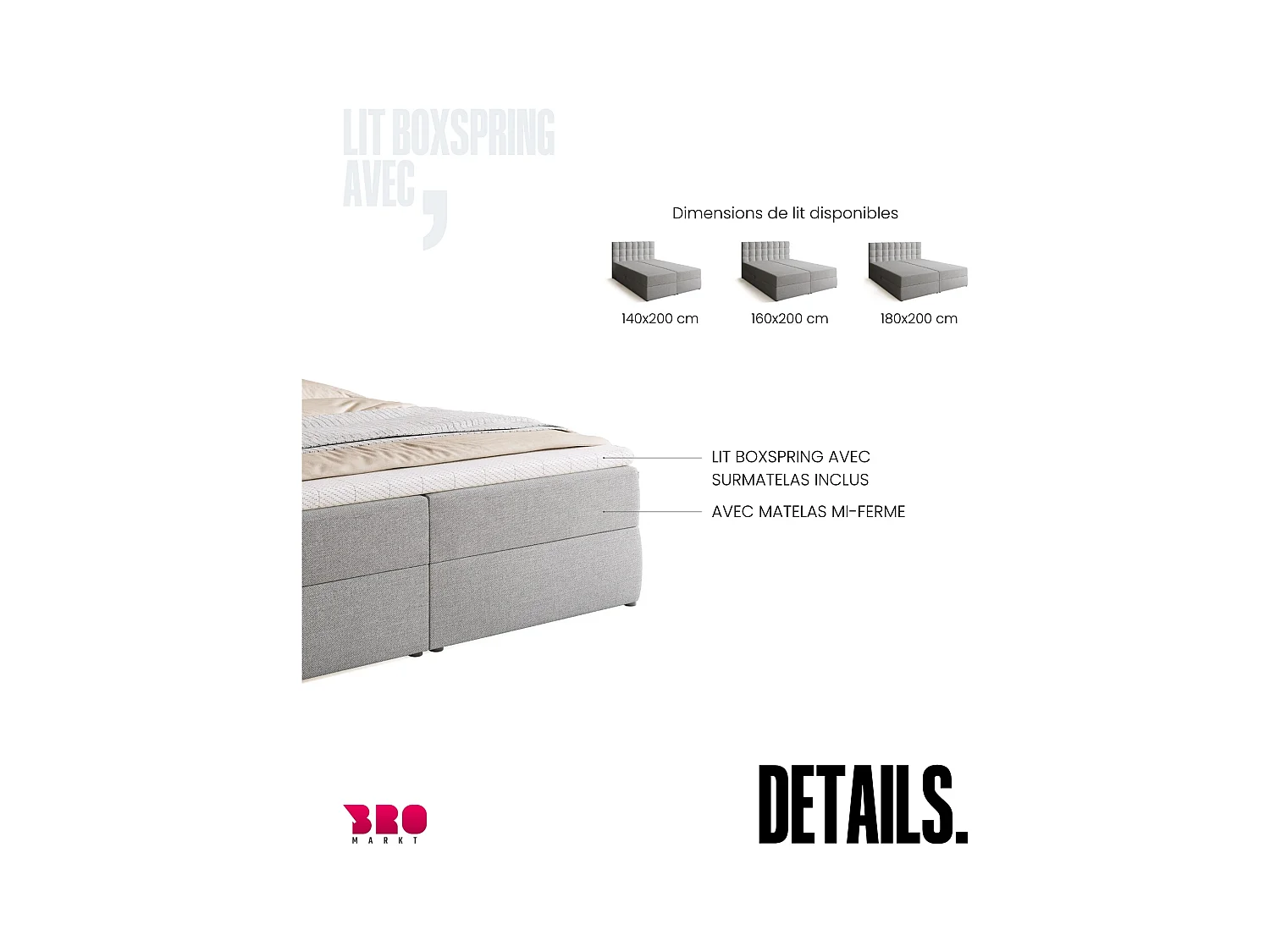 Lit boxspring avec rangement DETROIT - matelas - surmatelas - gris clair - 180x200 cm