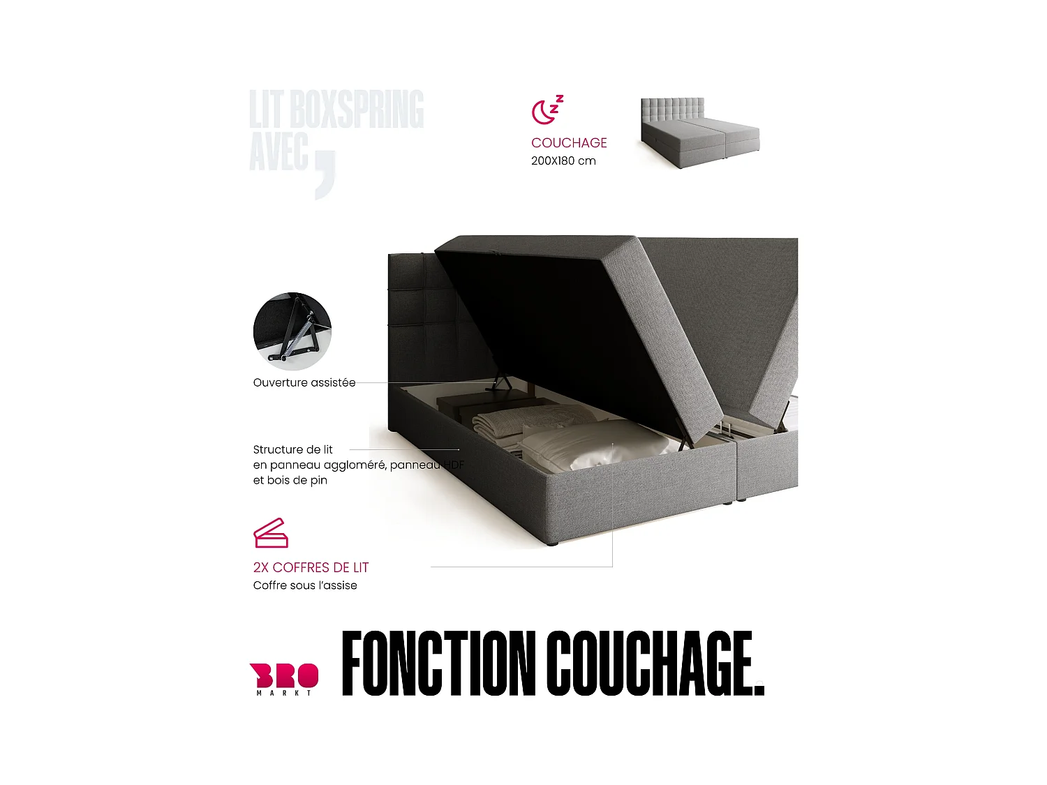 Lit boxspring avec rangement DETROIT - matelas - surmatelas - gris clair - 180x200 cm