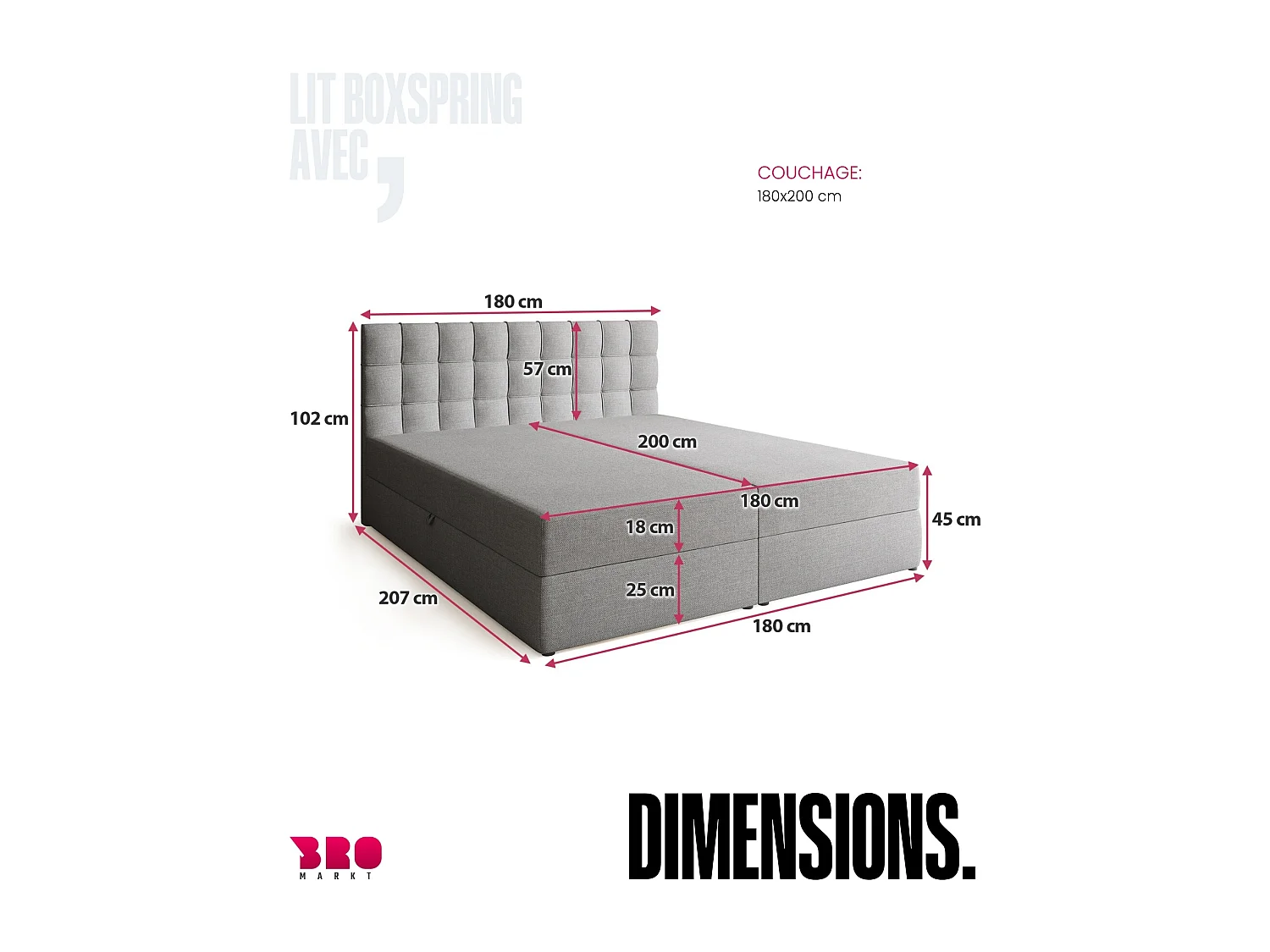 Lit boxspring avec rangement DETROIT - matelas - surmatelas - gris clair - 180x200 cm