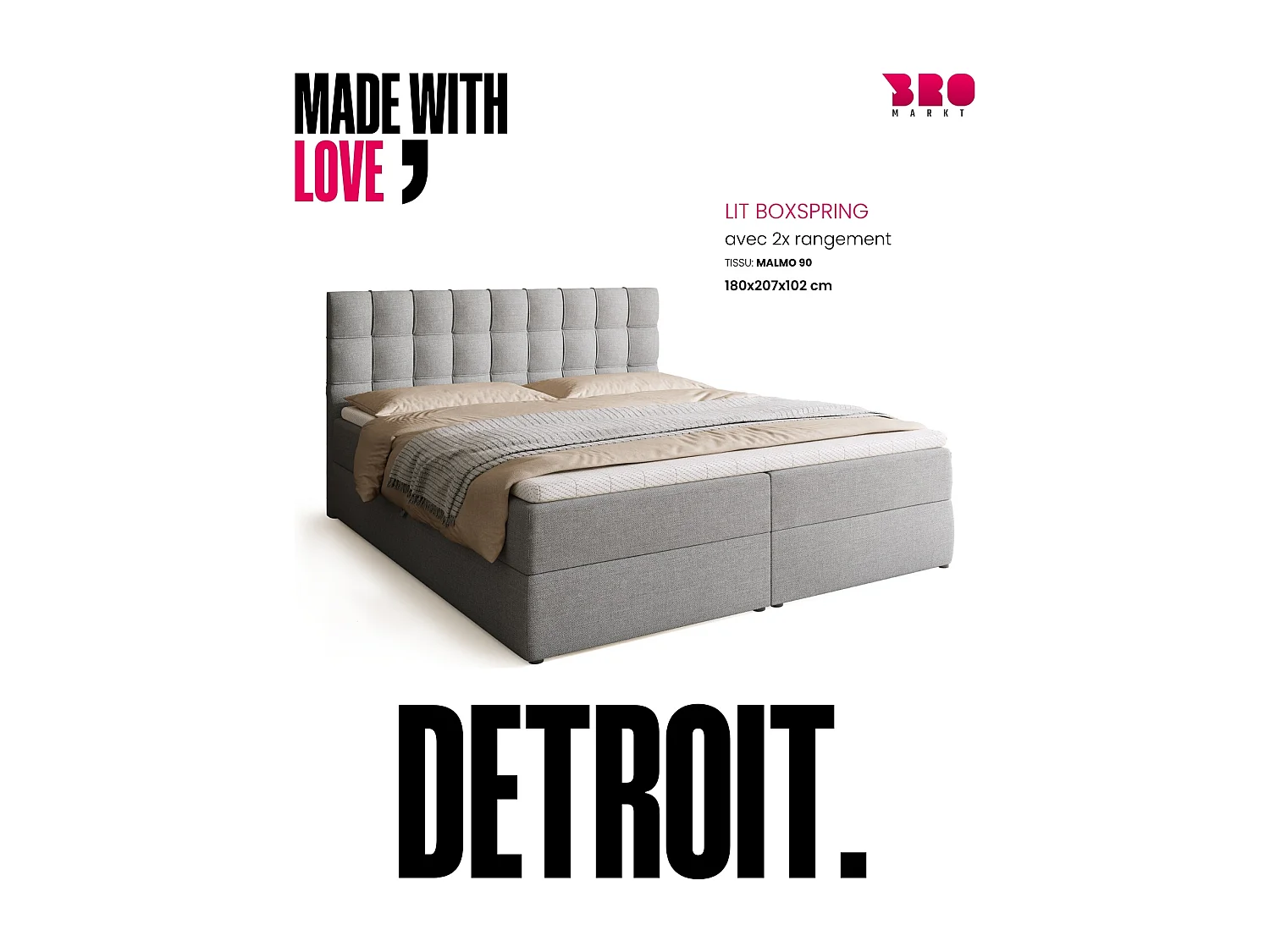 Lit boxspring avec rangement DETROIT - matelas - surmatelas - gris clair - 180x200 cm