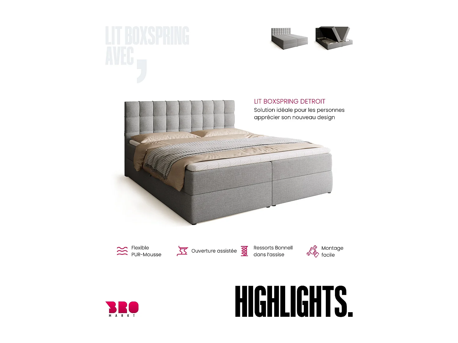 Lit boxspring avec rangement DETROIT - matelas - surmatelas - gris clair - 180x200 cm