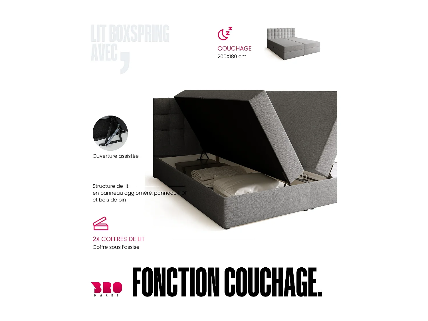 Lit boxspring avec rangement DETROIT - matelas - surmatelas - gris clair - 180x200 cm