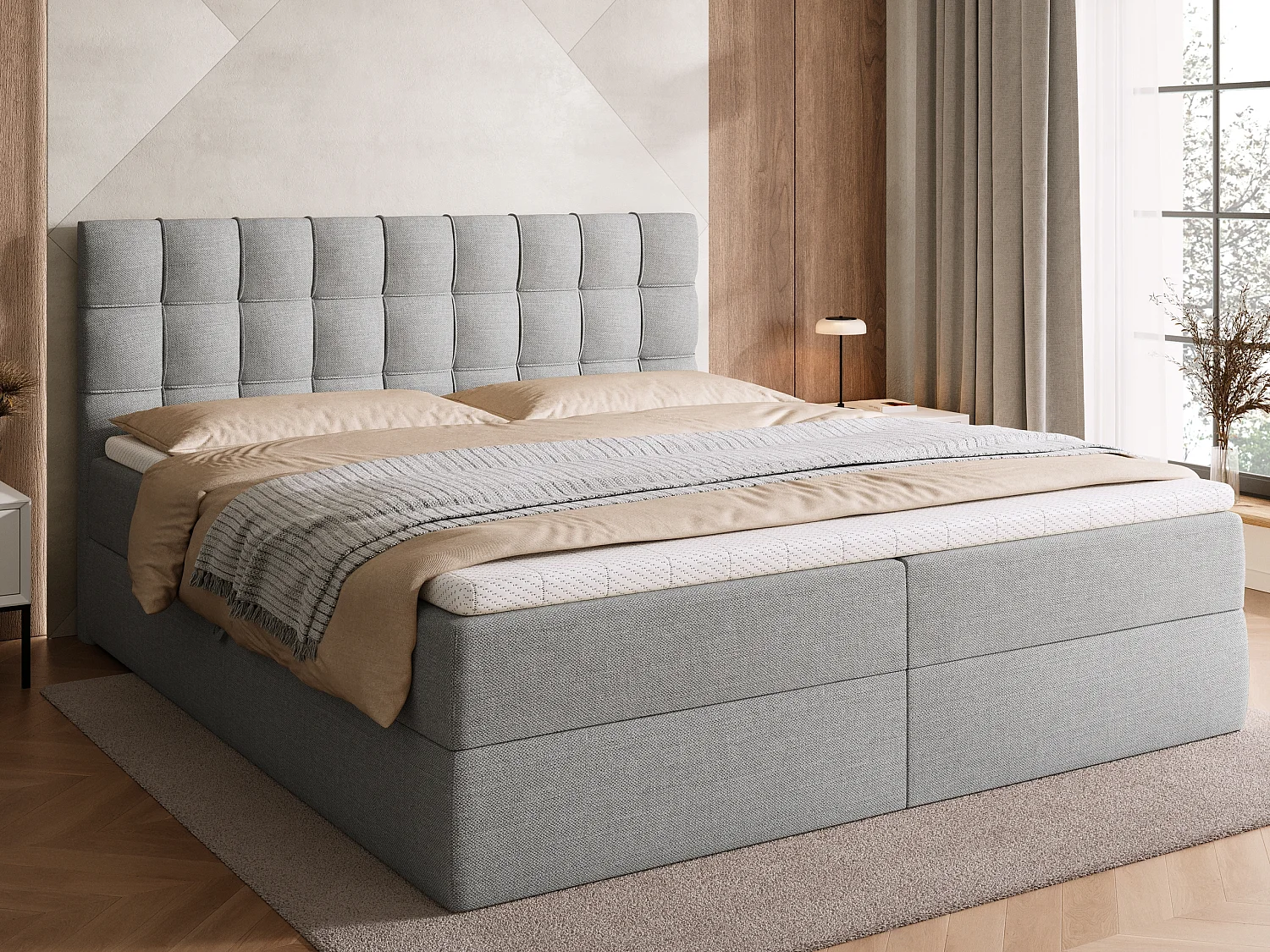Lit boxspring avec rangement DETROIT - matelas - surmatelas - gris clair - 180x200 cm