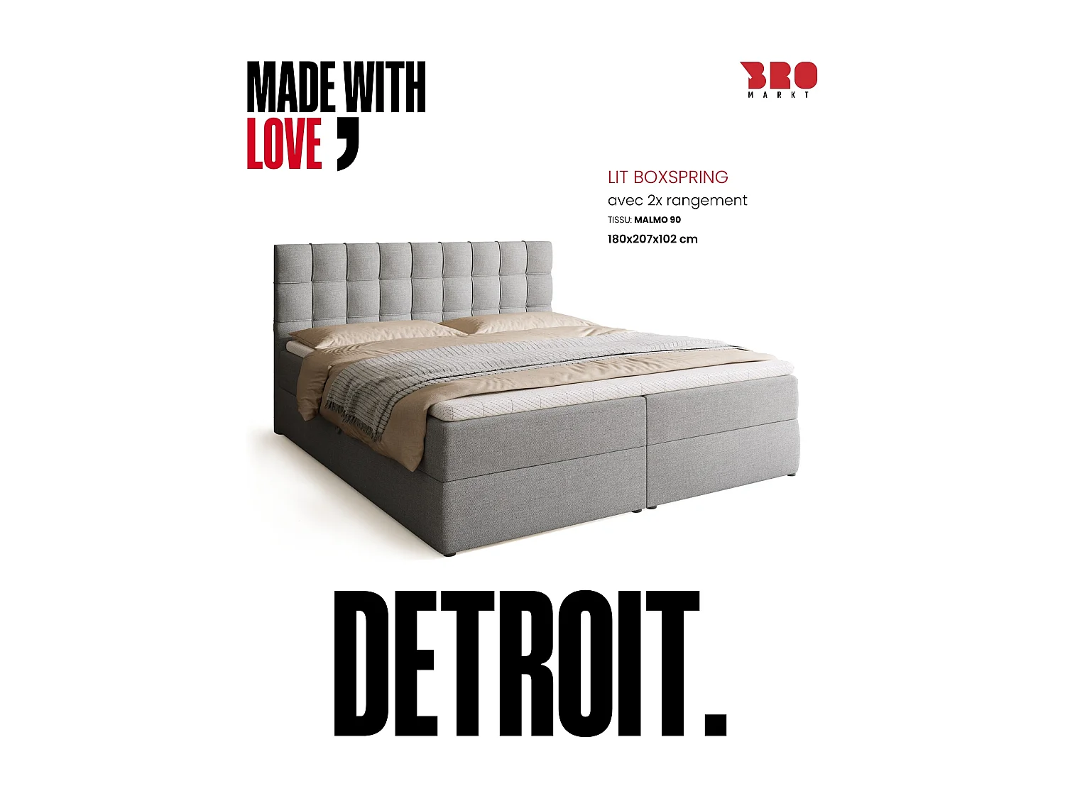Lit boxspring avec rangement DETROIT - matelas - surmatelas - gris clair - 180x200 cm