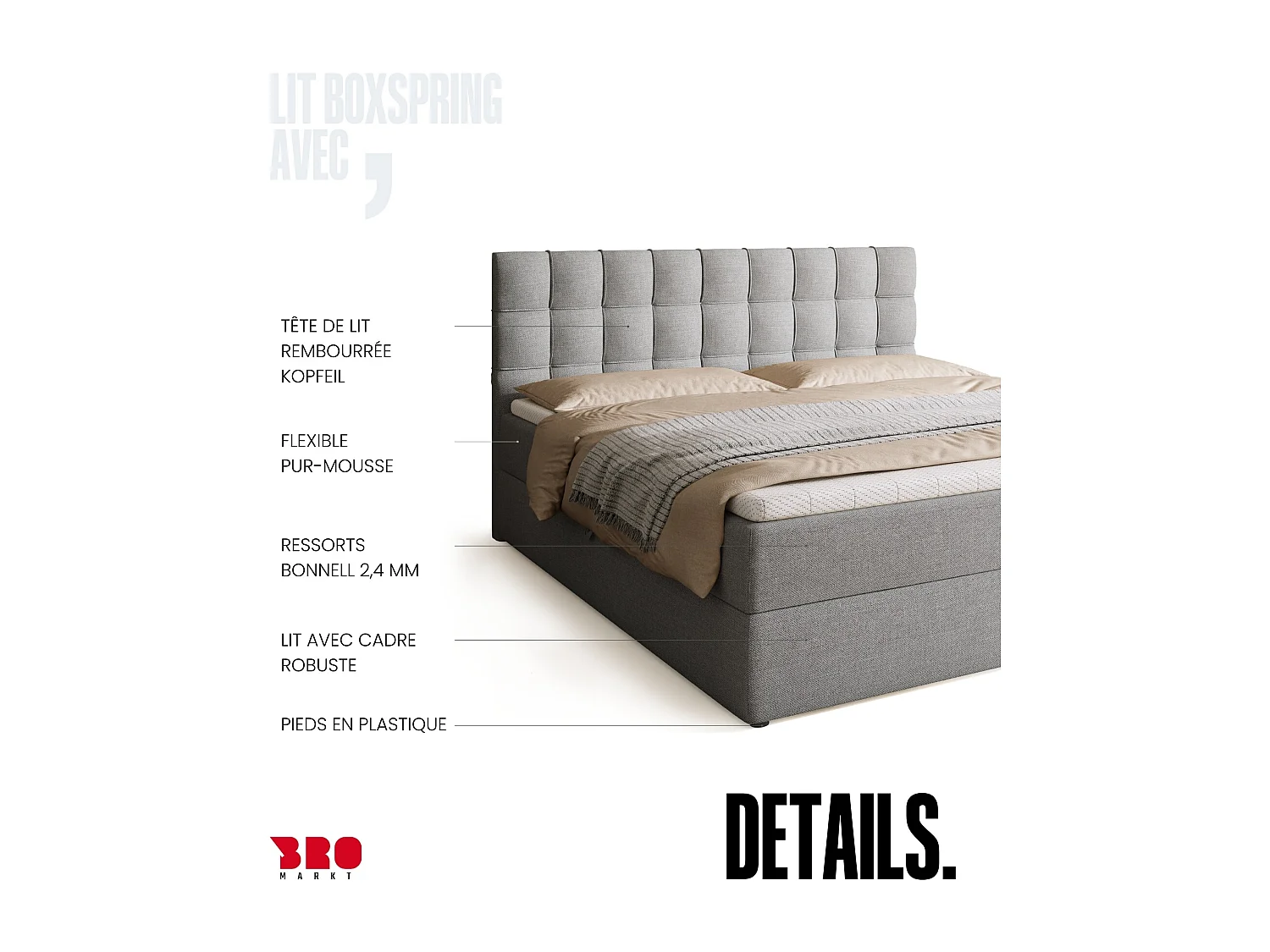 Lit boxspring avec rangement DETROIT - matelas - surmatelas - gris clair - 180x200 cm