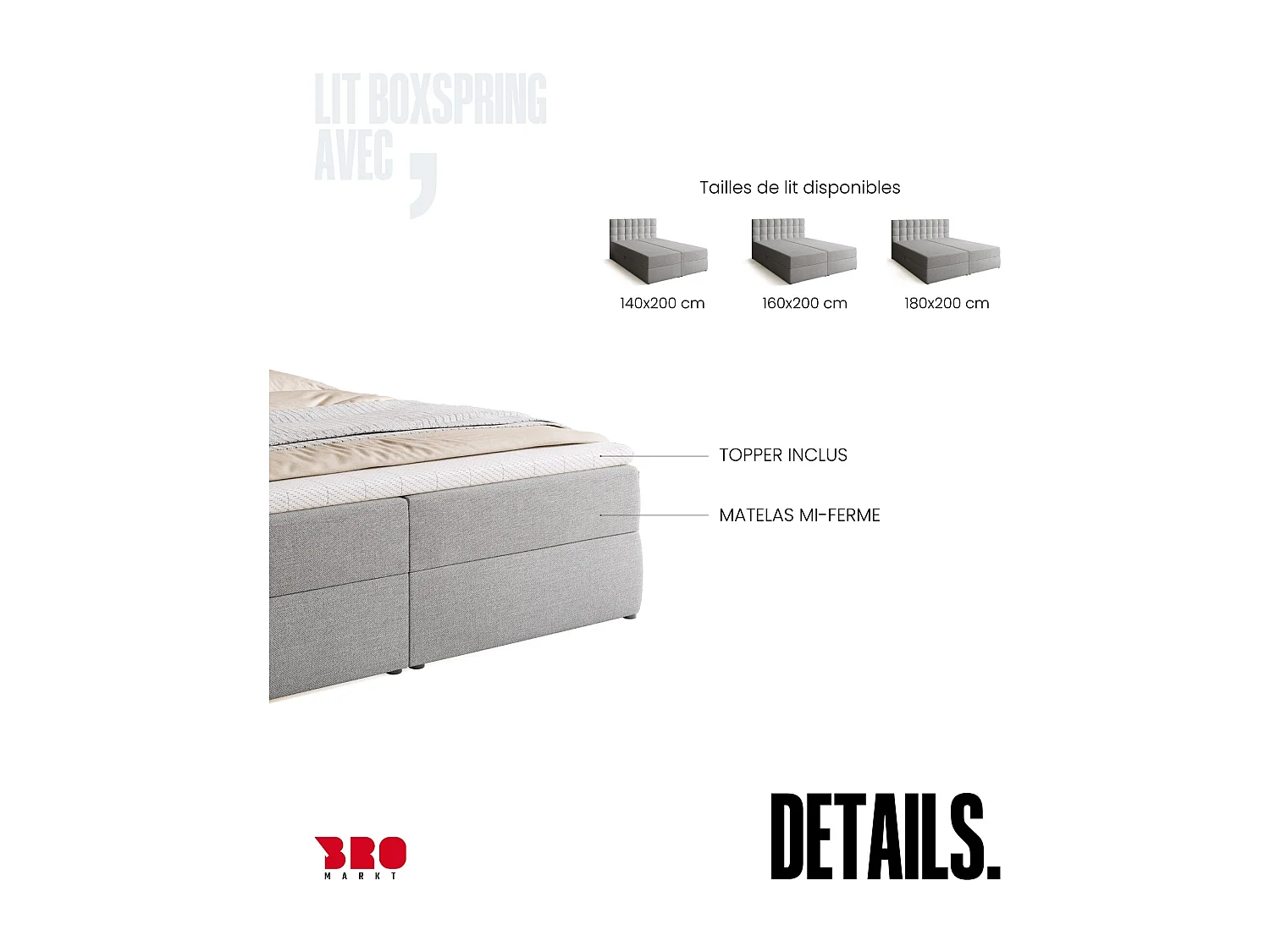Lit boxspring avec rangement DETROIT - matelas - surmatelas - gris clair - 180x200 cm