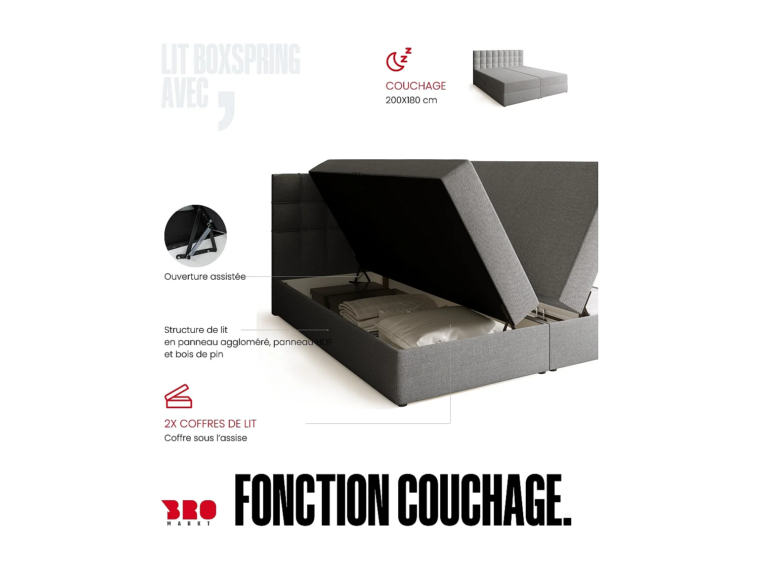 Lit boxspring avec rangement DETROIT - matelas - surmatelas - gris clair - 180x200 cm