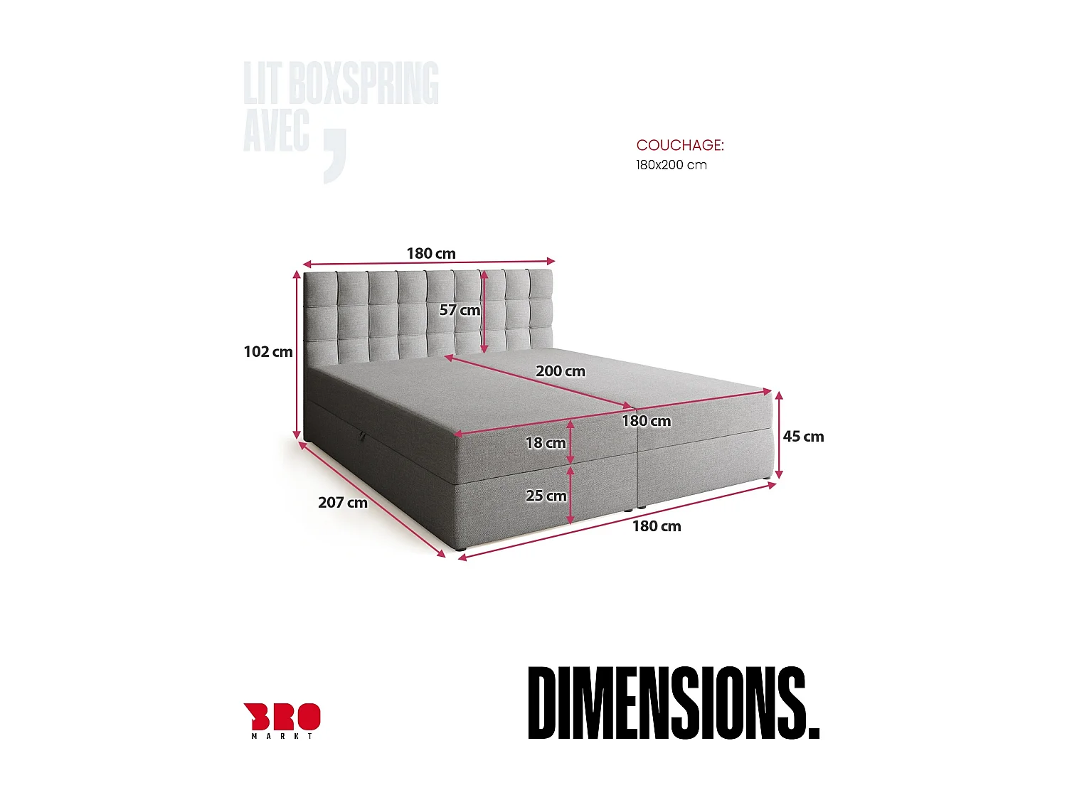 Lit boxspring avec rangement DETROIT - matelas - surmatelas - gris clair - 180x200 cm
